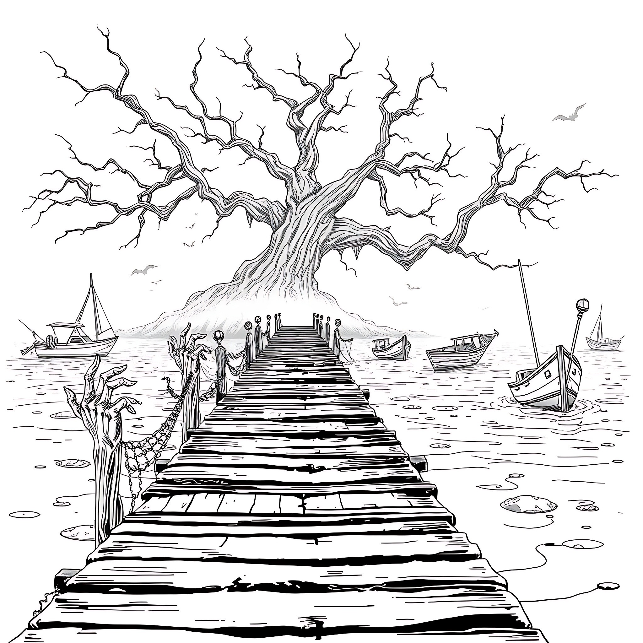 Zombie Crossing Foggy Lake on Rickety Bridge Coloring Page (free black-and-white line drawing printable PDF for all, from beginners to advanced learners, including children, teens, adults, and seniors)