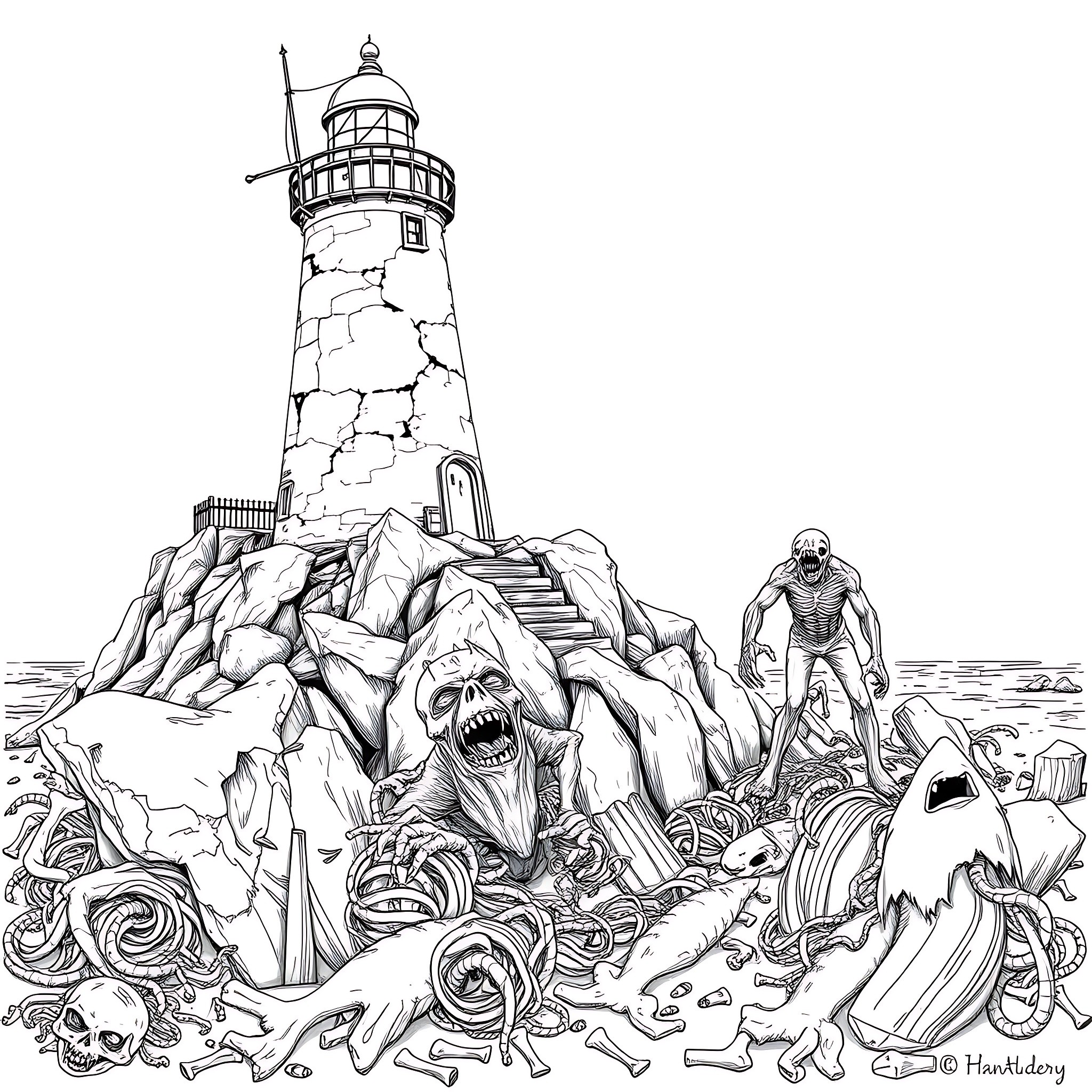 Lighthouse Guarded by Monstrous Creatures Coloring Page (free black-and-white line drawing printable PDF for all, from beginners to advanced learners, including children, teens, adults, and seniors)