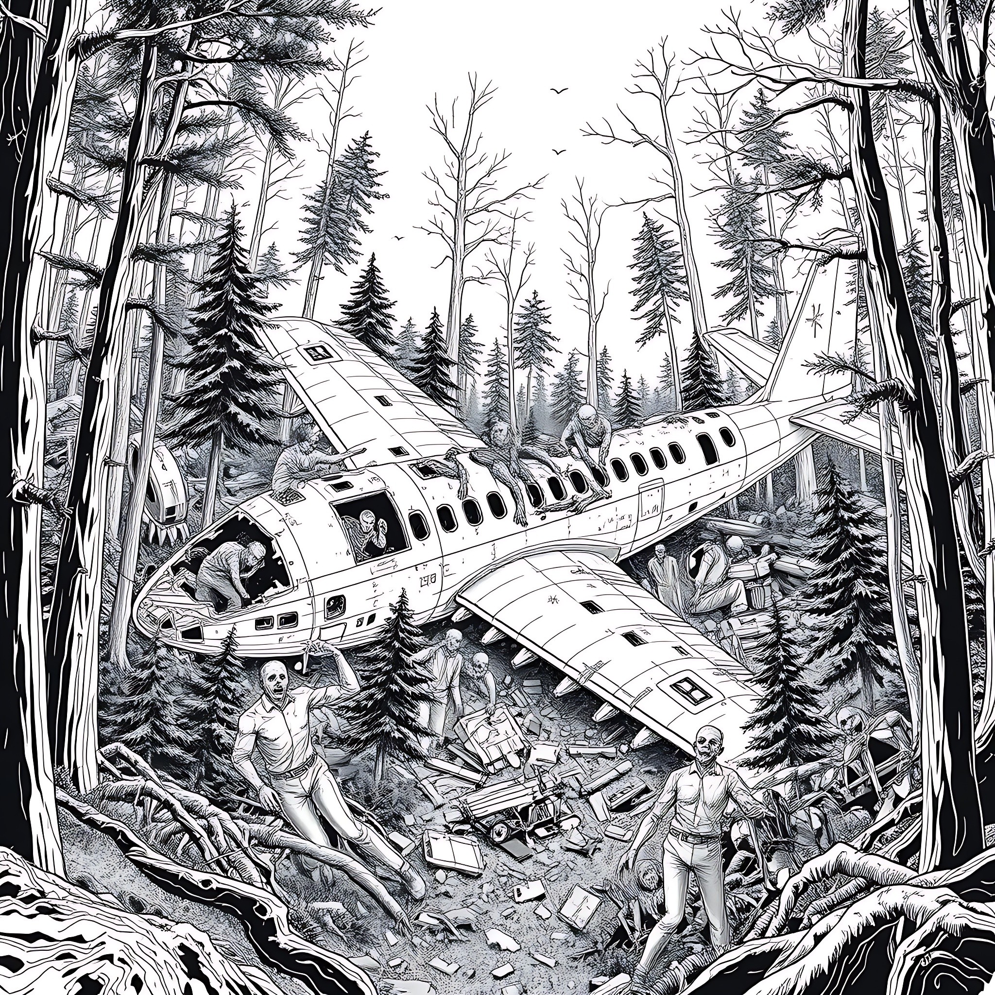 Airplane wreckage in the mysterious forest Coloring Page (free black-and-white line drawing printable PDF for all, from beginners to advanced learners, including children, teens, adults, and seniors)