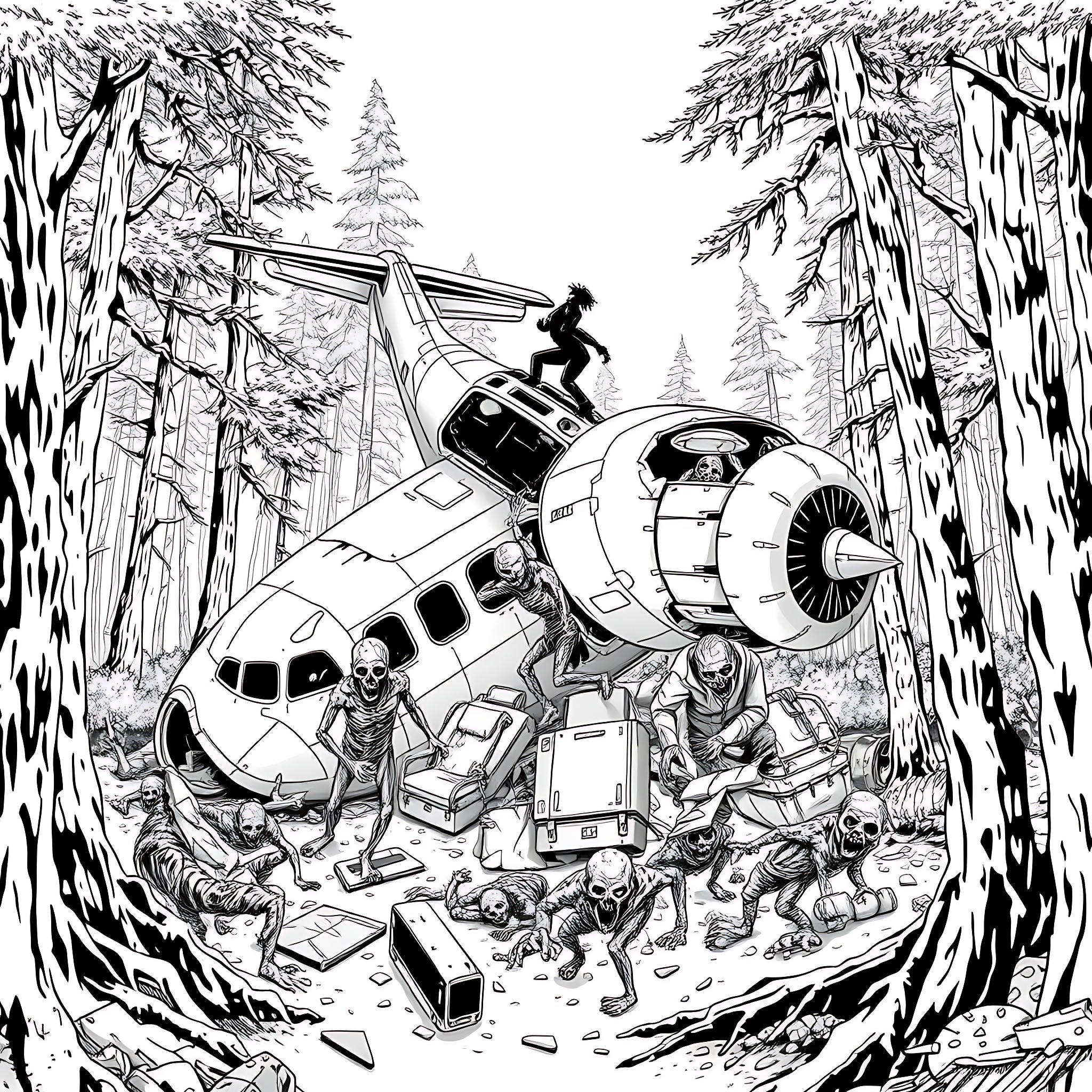 Airplane Crash Site in the Forest Coloring Page (free black-and-white line drawing printable PDF for all, from beginners to advanced learners, including children, teens, adults, and seniors)