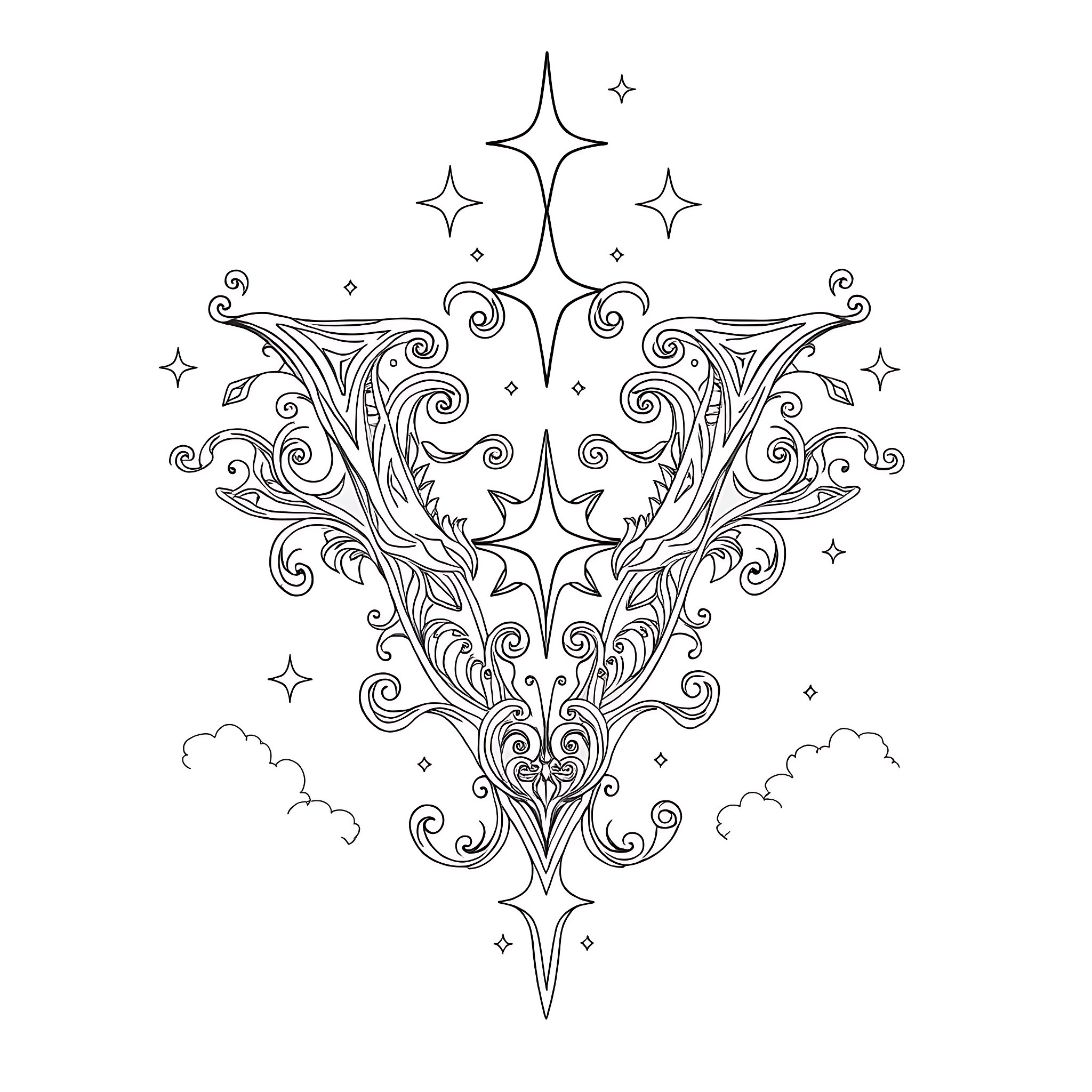 Vibrant Ornamental Design with Celestial Elements Coloring Page (free black-and-white line drawing printable PDF for all, from beginners to advanced learners, including children, teens, adults, and seniors)