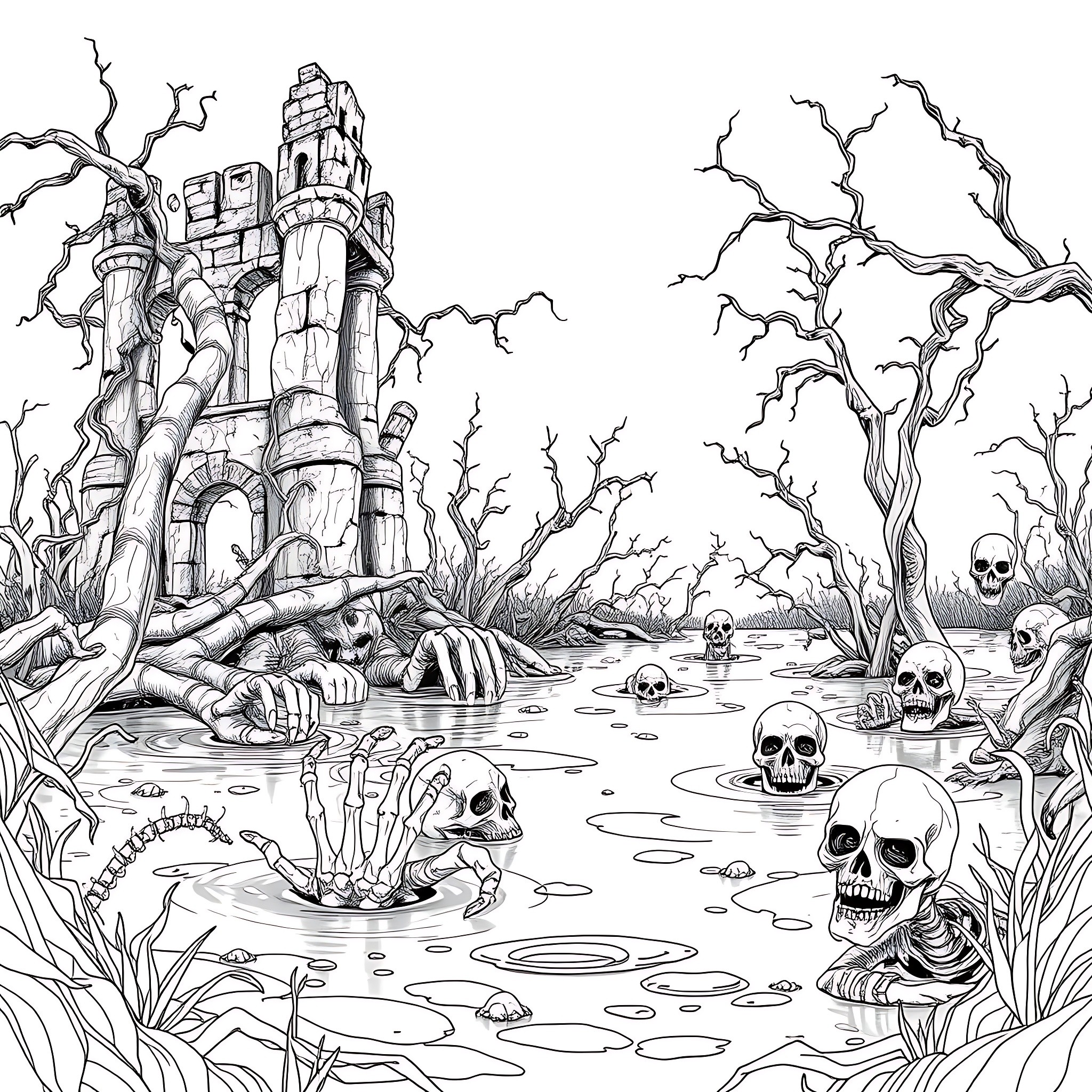Zombie Castle and Graveyard Scene Coloring Page (free black-and-white line drawing printable PDF for all, from beginners to advanced learners, including children, teens, adults, and seniors)
