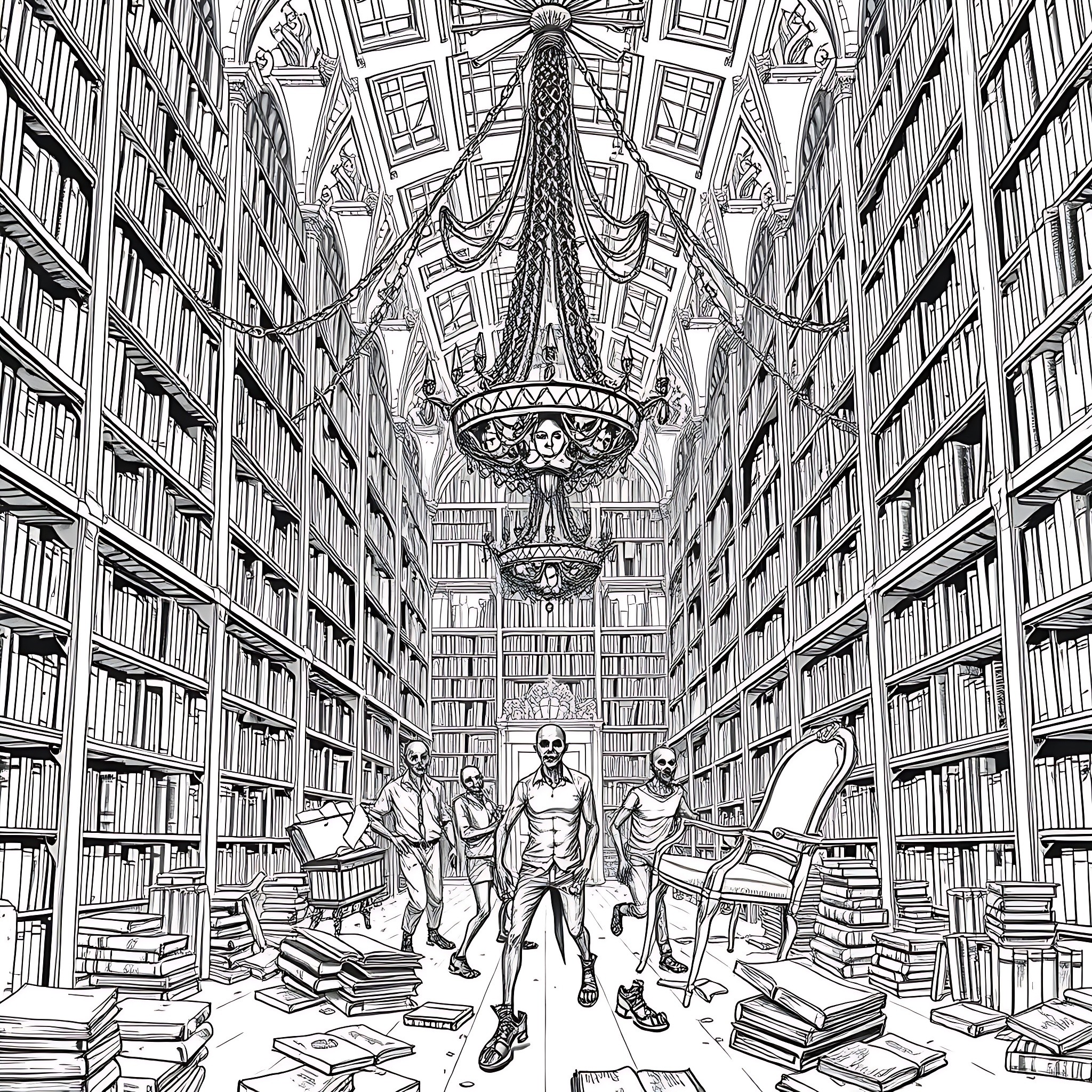 Zombie Undead Roaming Amongst Shelves of Books in Haunting Library Coloring Page (free black-and-white line drawing printable PDF for all, from beginners to advanced learners, including children, teens, adults, and seniors)