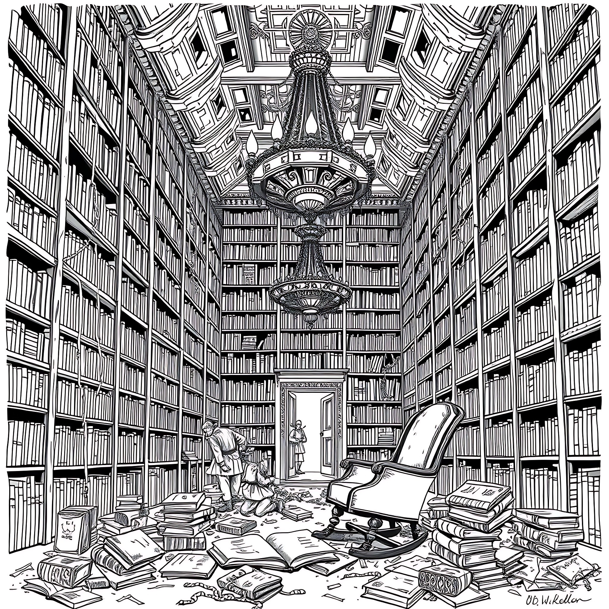 Zombie Librarians Ransack Ornate Antique Library Coloring Page (free black-and-white line drawing printable PDF for all, from beginners to advanced learners, including children, teens, adults, and seniors)