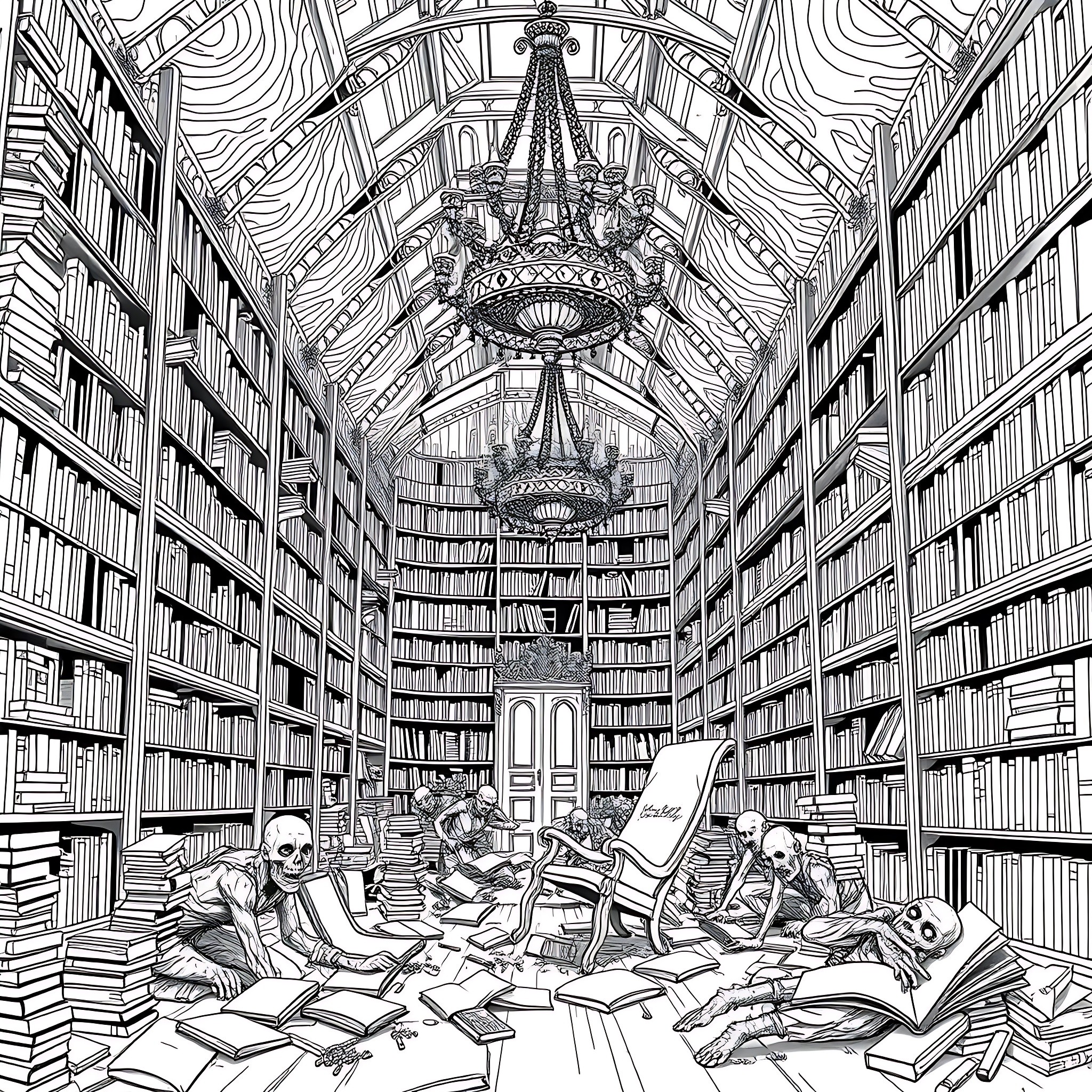 Zombie Scholars Studying in Enchanted Library Coloring Page (free black-and-white line drawing printable PDF for all, from beginners to advanced learners, including children, teens, adults, and seniors)