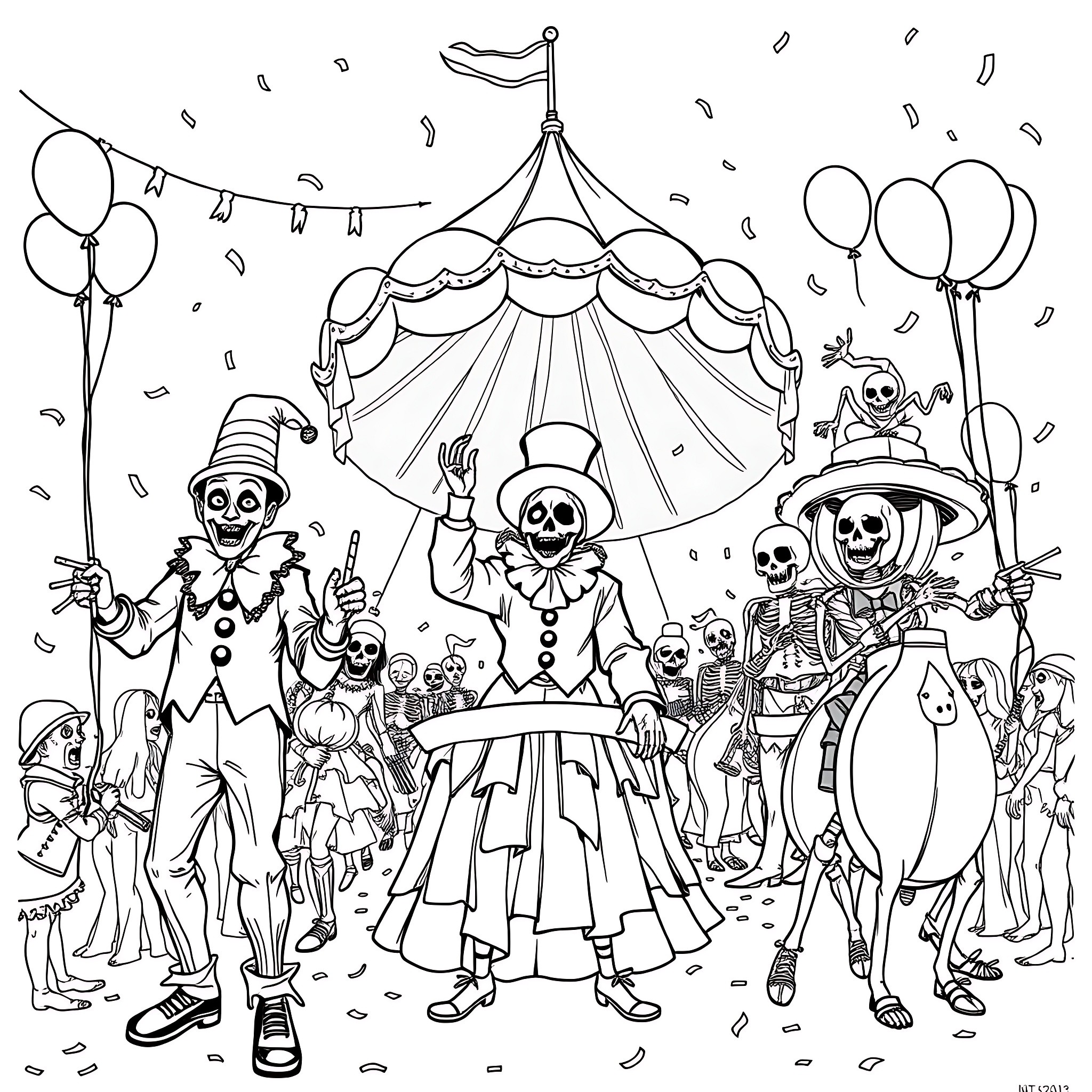 Carnival-themed celebration with costumed performers and spectators Coloring Page (free black-and-white line drawing printable PDF for all, from beginners to advanced learners, including children, teens, adults, and seniors)
