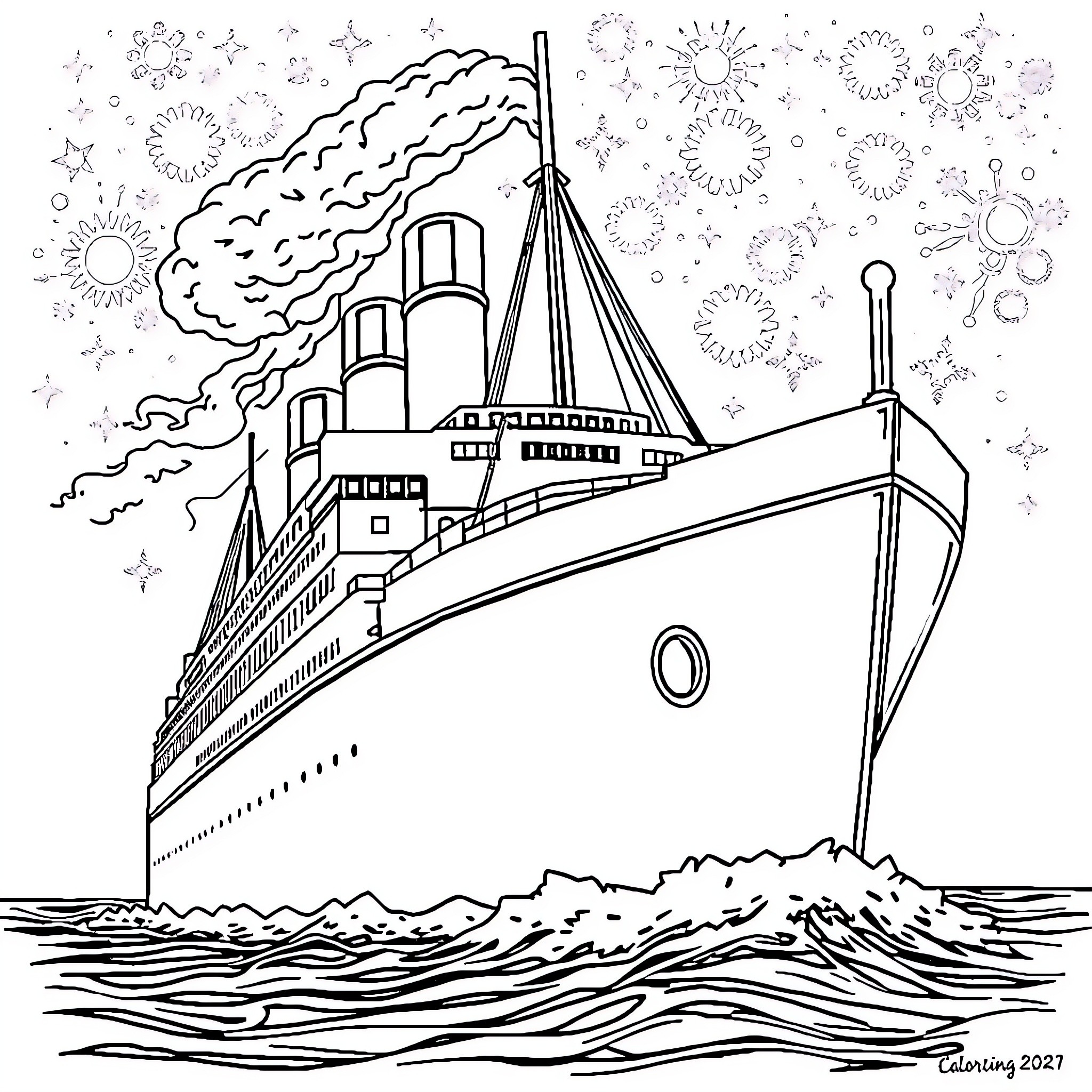 Titanic Setting Sail in Starry Night Coloring Page (free black-and-white line drawing printable PDF for all, from beginners to advanced learners, including children, teens, adults, and seniors)