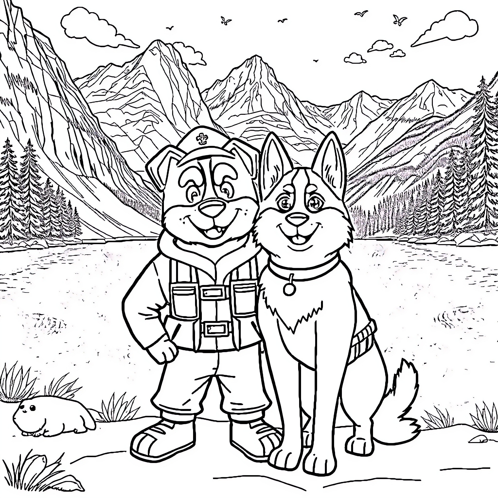 Rescuers in the mountainous wilderness Coloring Page (free black-and-white line drawing printable PDF for all, from beginners to advanced learners, including children, teens, adults, and seniors)
