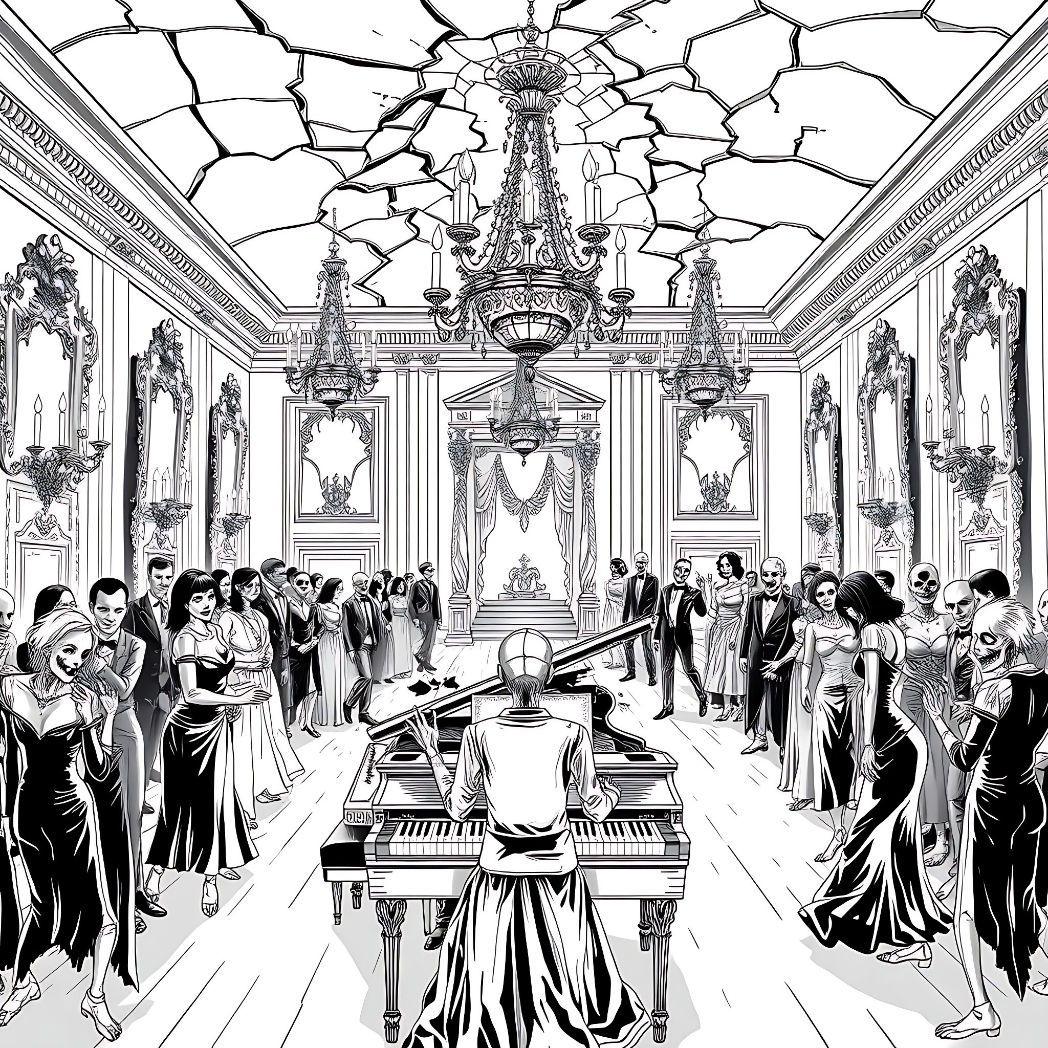 Zombie Ballroom Dancers in Lavish Mansion Coloring Page (free black-and-white line drawing printable PDF for all, from beginners to advanced learners, including children, teens, adults, and seniors)