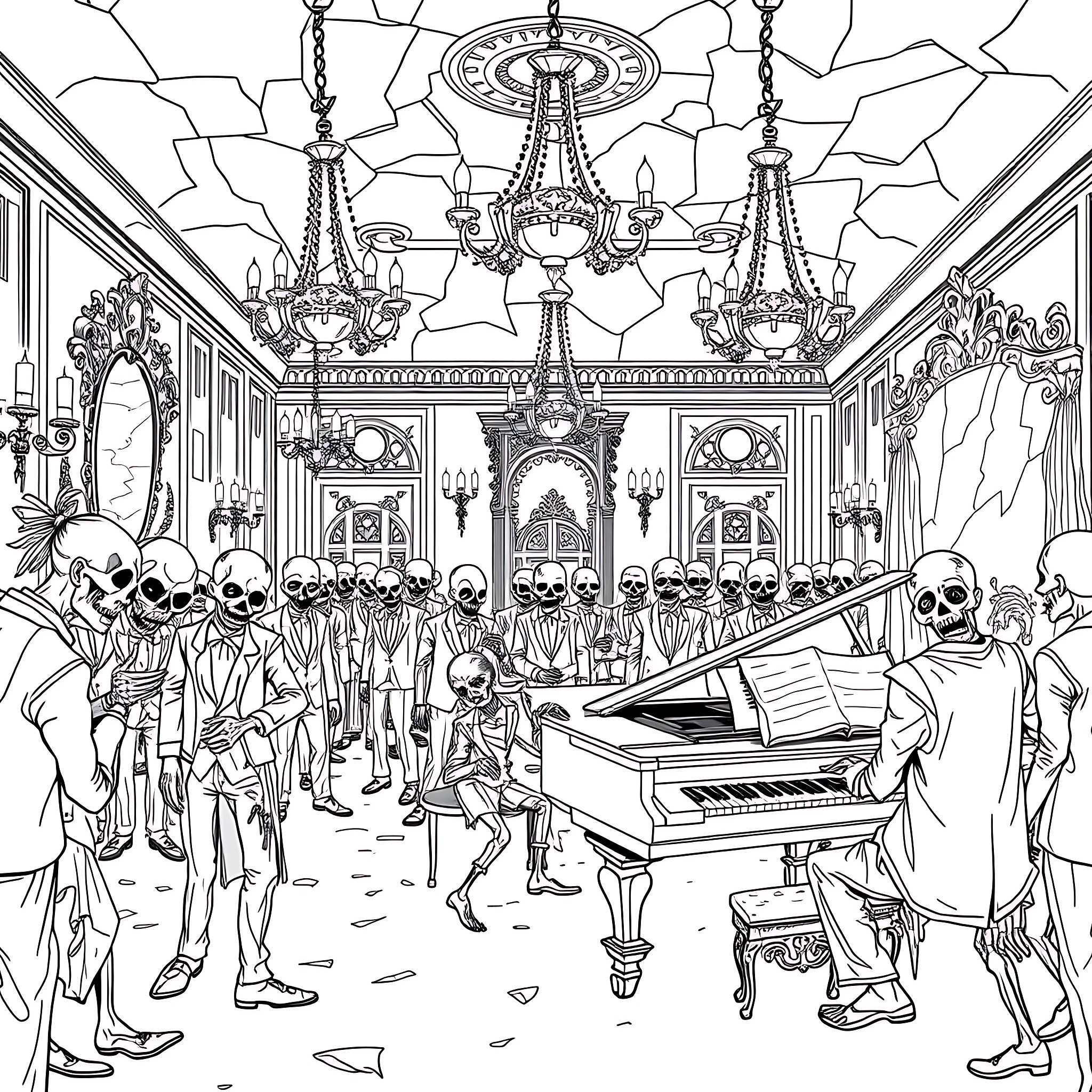 Zombie Musicians Performing in a Haunted Ballroom Coloring Page (free black-and-white line drawing printable PDF for all, from beginners to advanced learners, including children, teens, adults, and seniors)