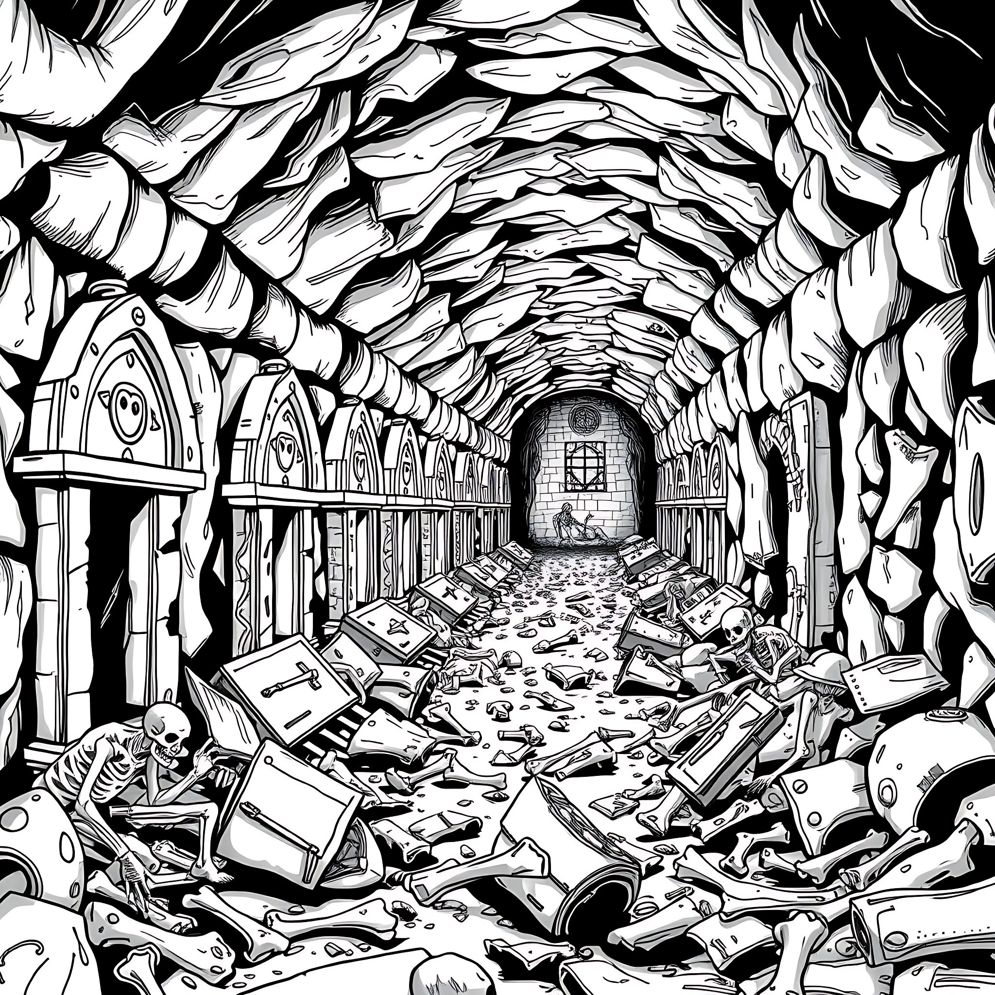 Zombie apocalypse aftermath in abandoned underground tunnel Coloring Page (free black-and-white line drawing printable PDF for all, from beginners to advanced learners, including children, teens, adults, and seniors)