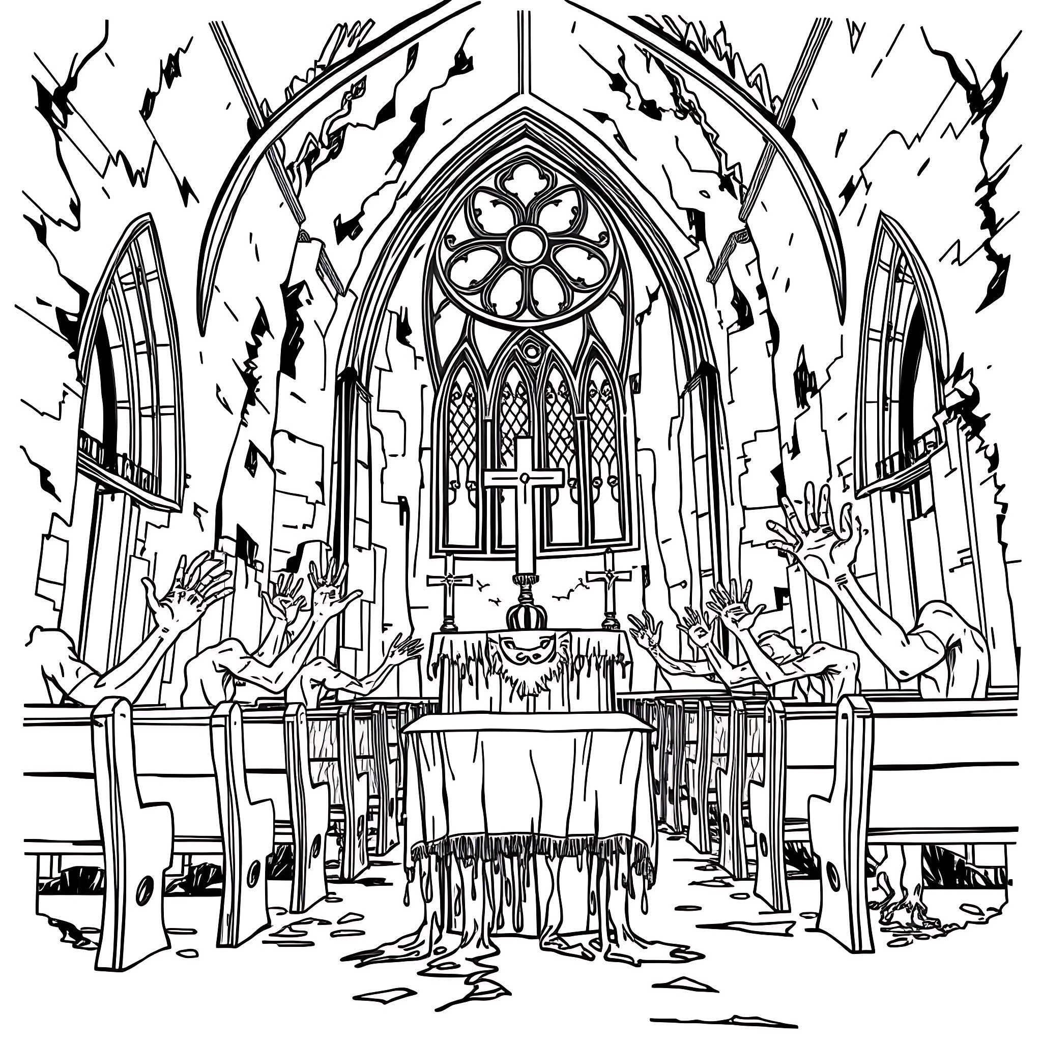 Church interior with ornate architecture and dramatic lighting Coloring Page (free black-and-white line drawing printable PDF for all, from beginners to advanced learners, including children, teens, adults, and seniors)