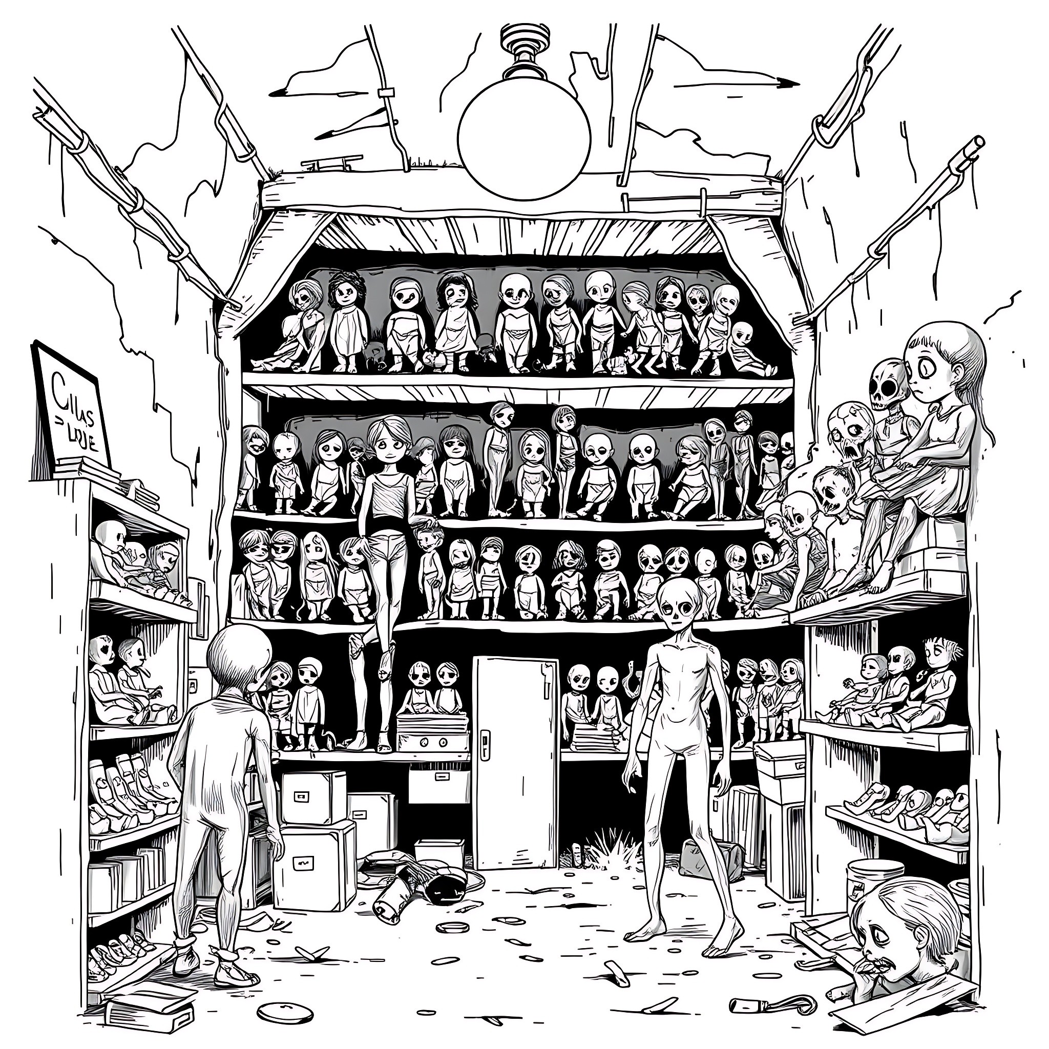 Doll shop filled with diverse figurines and entities Coloring Page (free black-and-white line drawing printable PDF for all, from beginners to advanced learners, including children, teens, adults, and seniors)