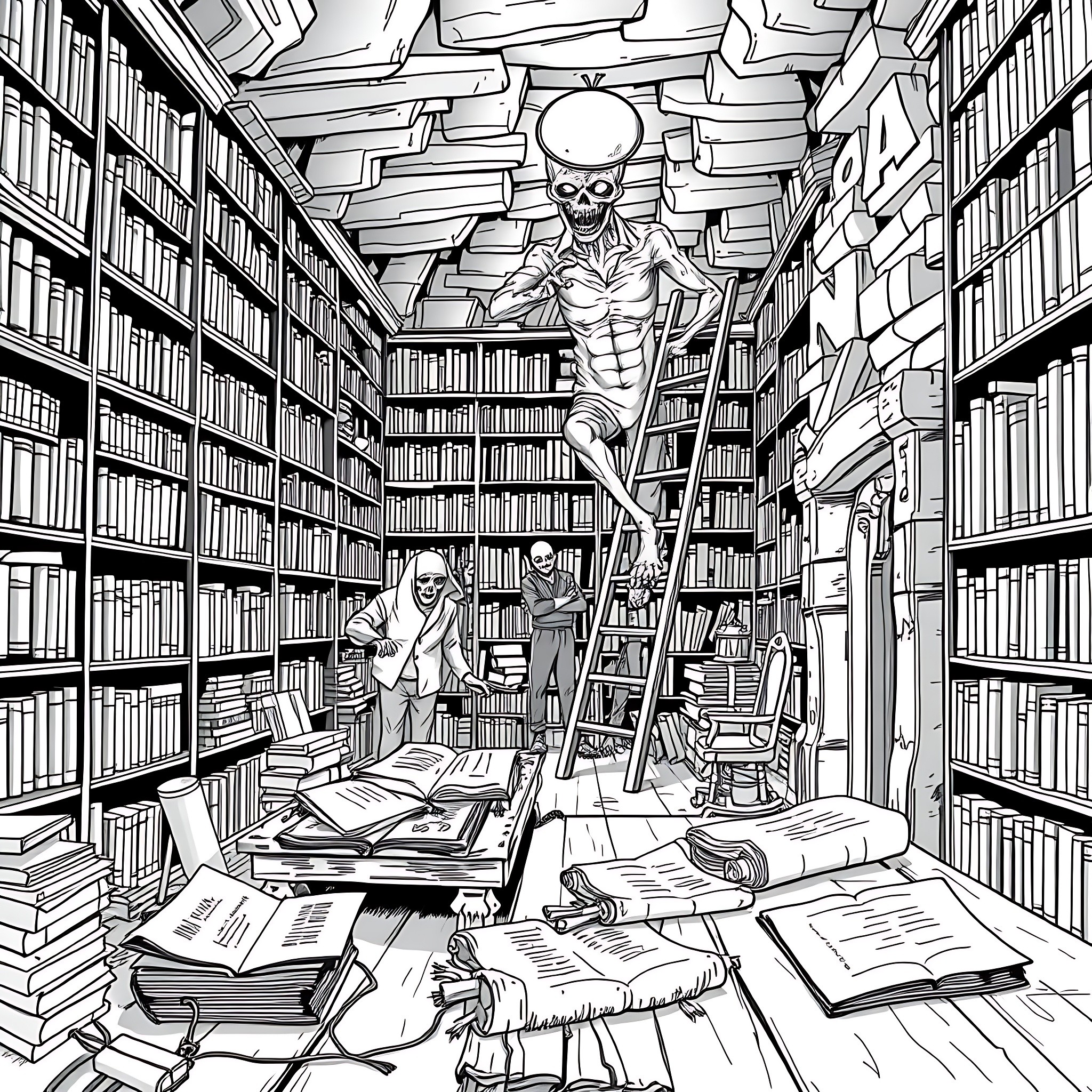 Zombie Librarians Roaming Among Bookshelves Coloring Page (free black-and-white line drawing printable PDF for all, from beginners to advanced learners, including children, teens, adults, and seniors)