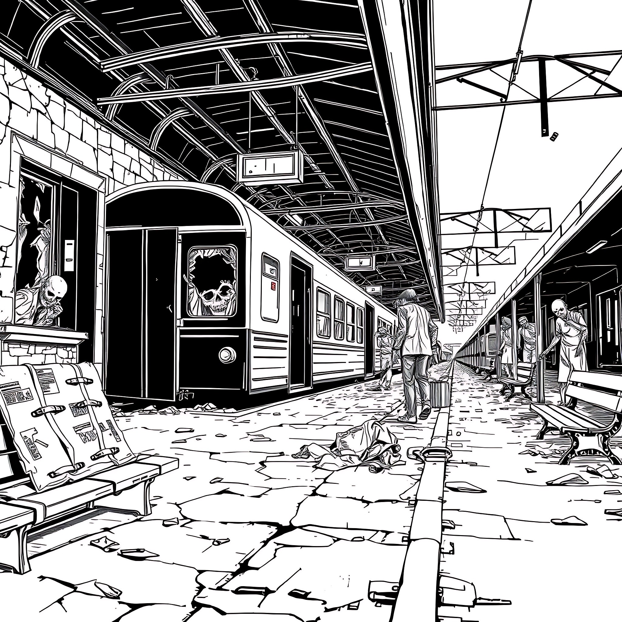 Train Station in Ruins with Passengers Coloring Page (free black-and-white line drawing printable PDF for all, from beginners to advanced learners, including children, teens, adults, and seniors)