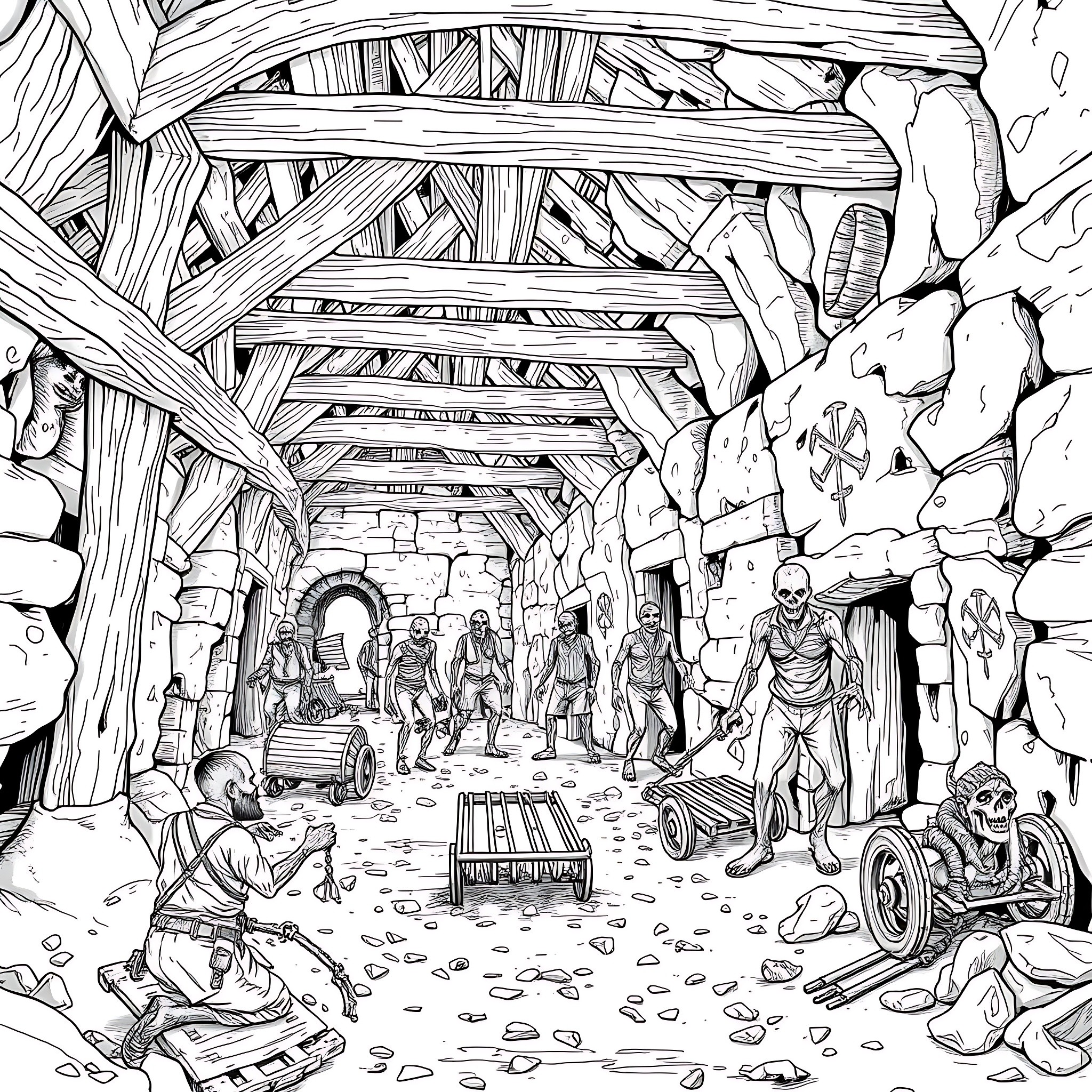 Zombie Survivors Scavenging in the Abandoned Ruins Coloring Page (free black-and-white line drawing printable PDF for all, from beginners to advanced learners, including children, teens, adults, and seniors)