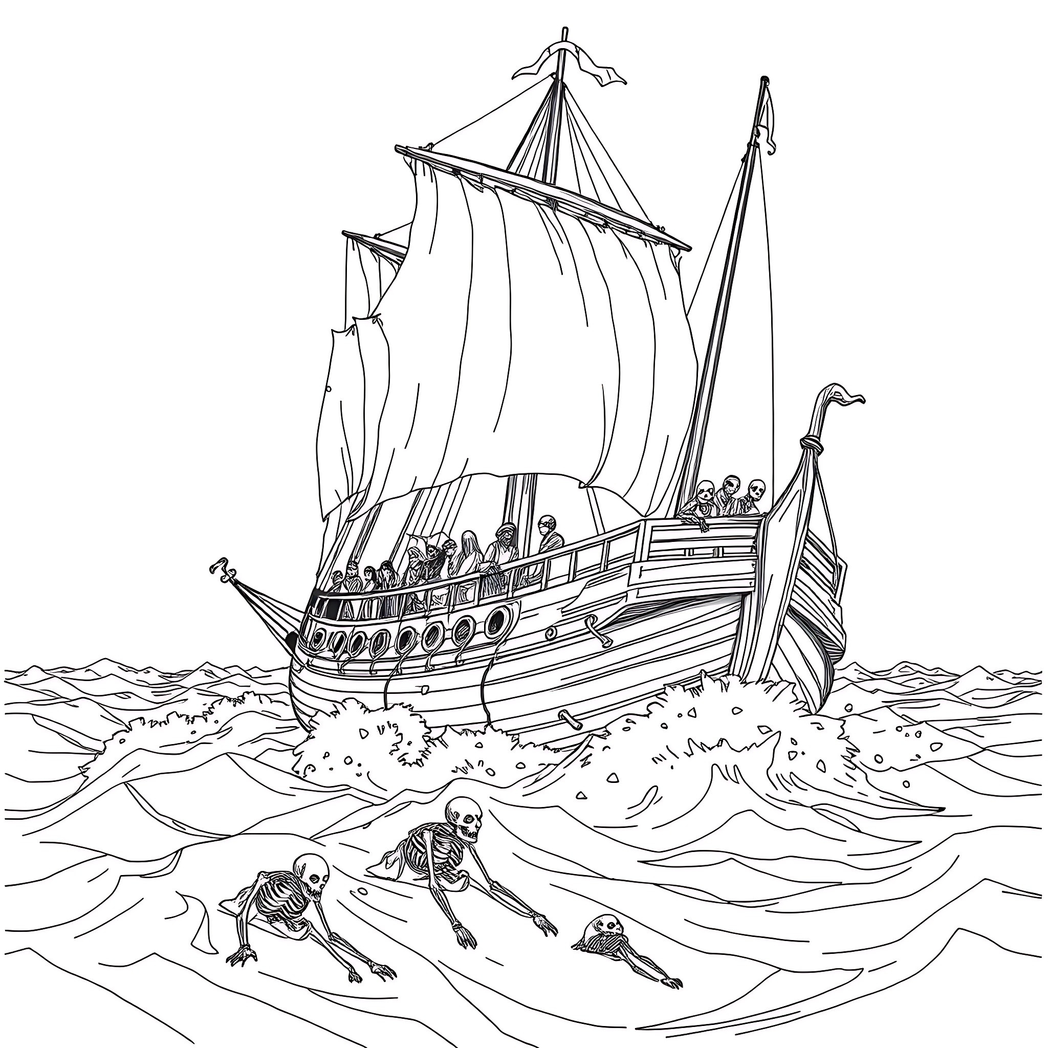 Ship sailing on the stormy sea with skeletons swimming Coloring Page (free black-and-white line drawing printable PDF for all, from beginners to advanced learners, including children, teens, adults, and seniors)