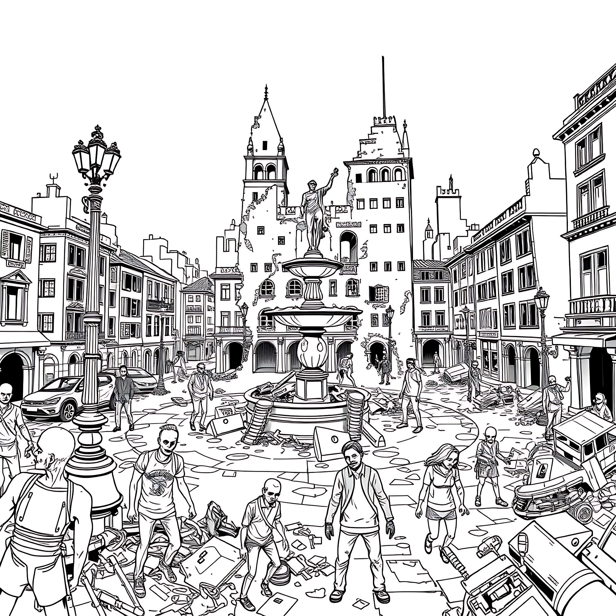 Zombie Chaos in the City Town Square Coloring Page (free black-and-white line drawing printable PDF for all, from beginners to advanced learners, including children, teens, adults, and seniors)