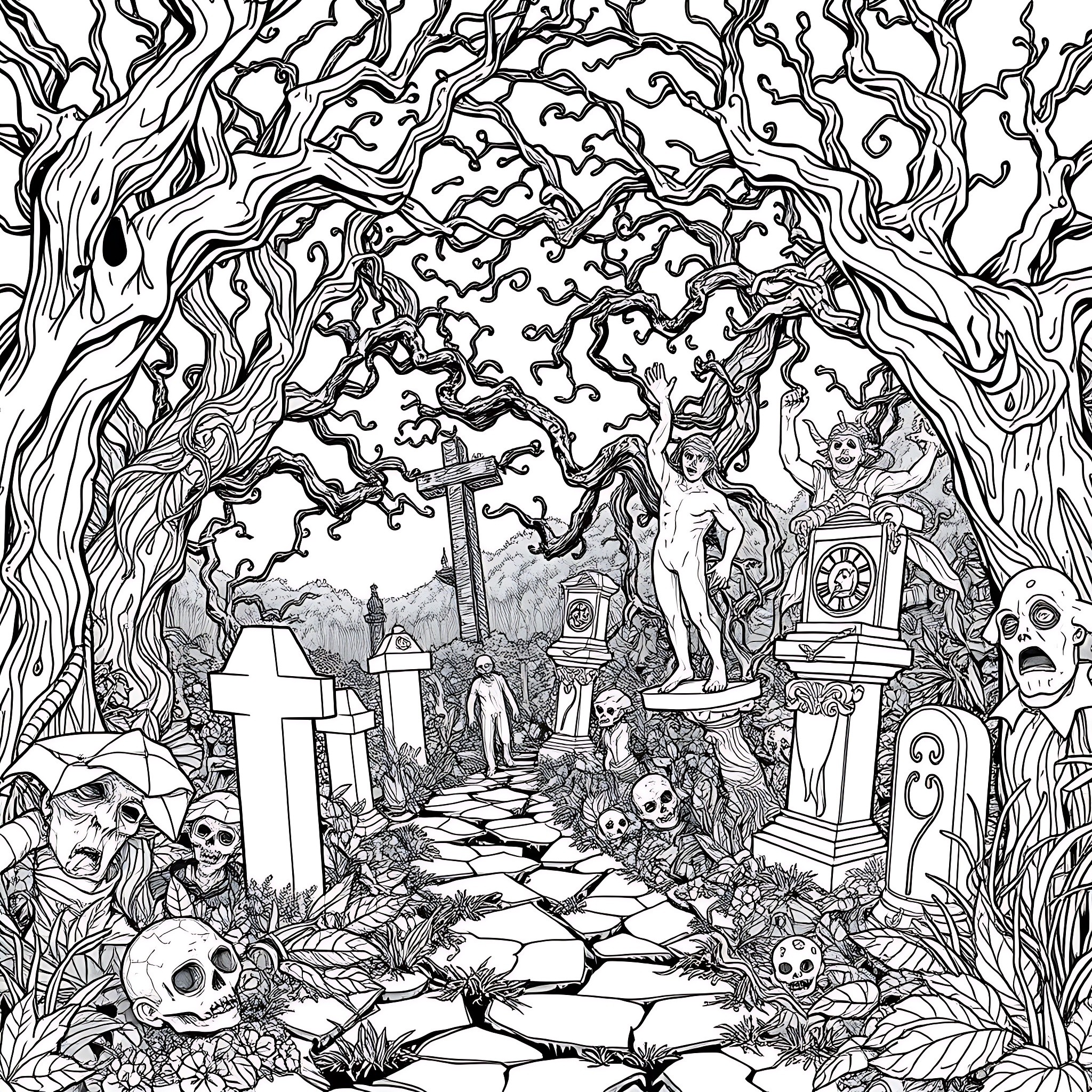 Garden of Mystical Creatures and Symbols Coloring Page (free black-and-white line drawing printable PDF for all, from beginners to advanced learners, including children, teens, adults, and seniors)