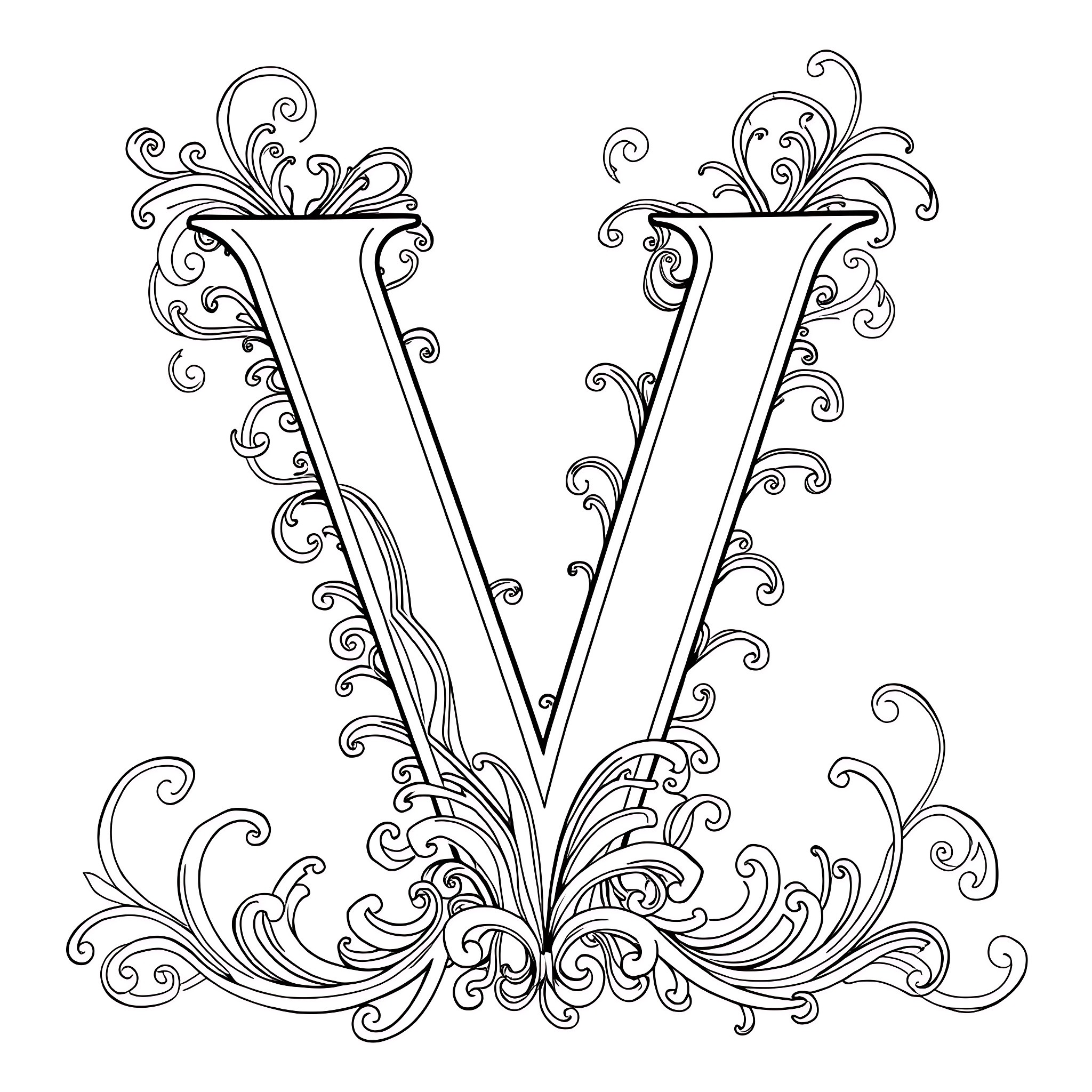 Vintage Ornamental Letter V Coloring Page (free black-and-white line drawing printable PDF for all, from beginners to advanced learners, including children, teens, adults, and seniors)