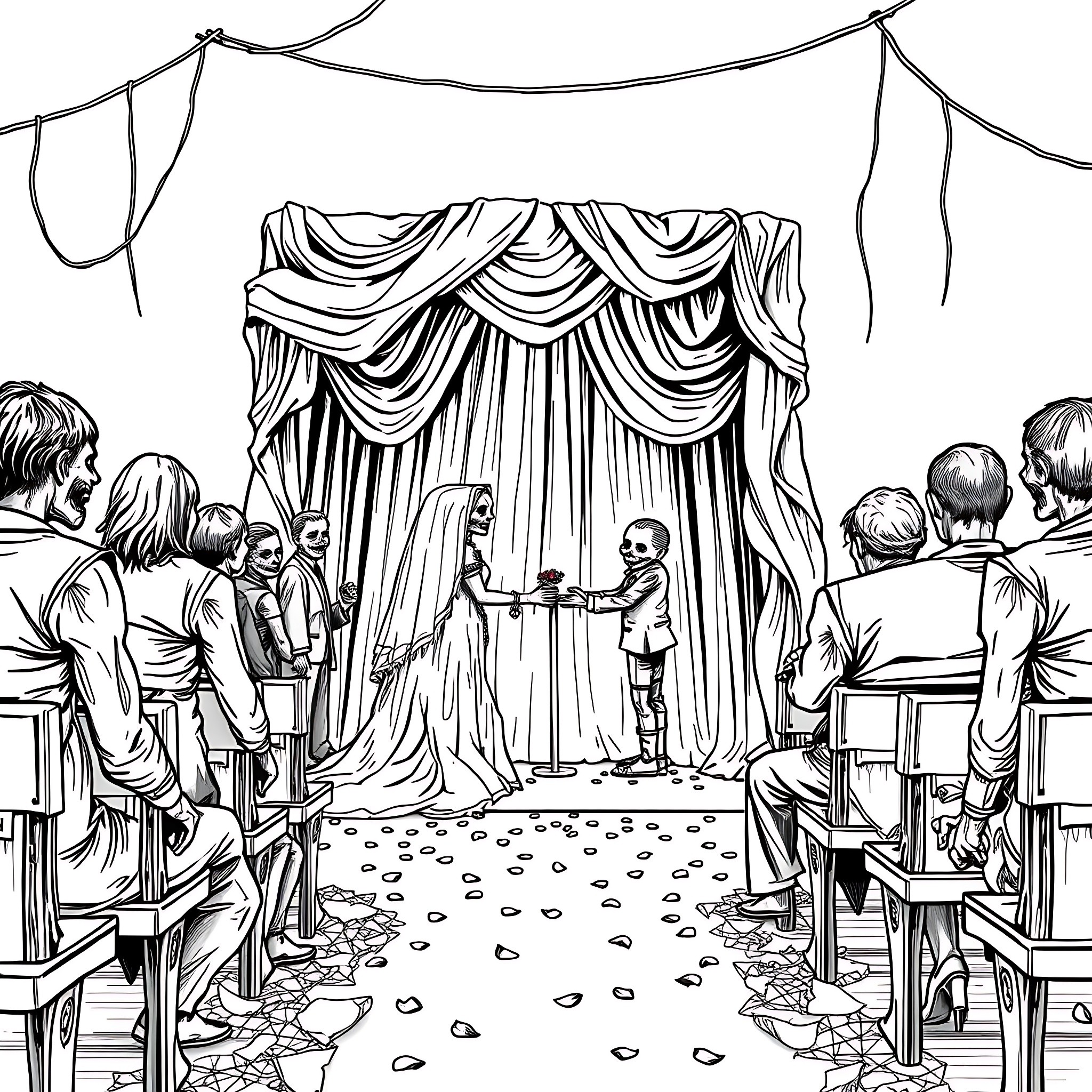 Zombie wedding ceremony in the dark Coloring Page (free black-and-white line drawing printable PDF for all, from beginners to advanced learners, including children, teens, adults, and seniors)