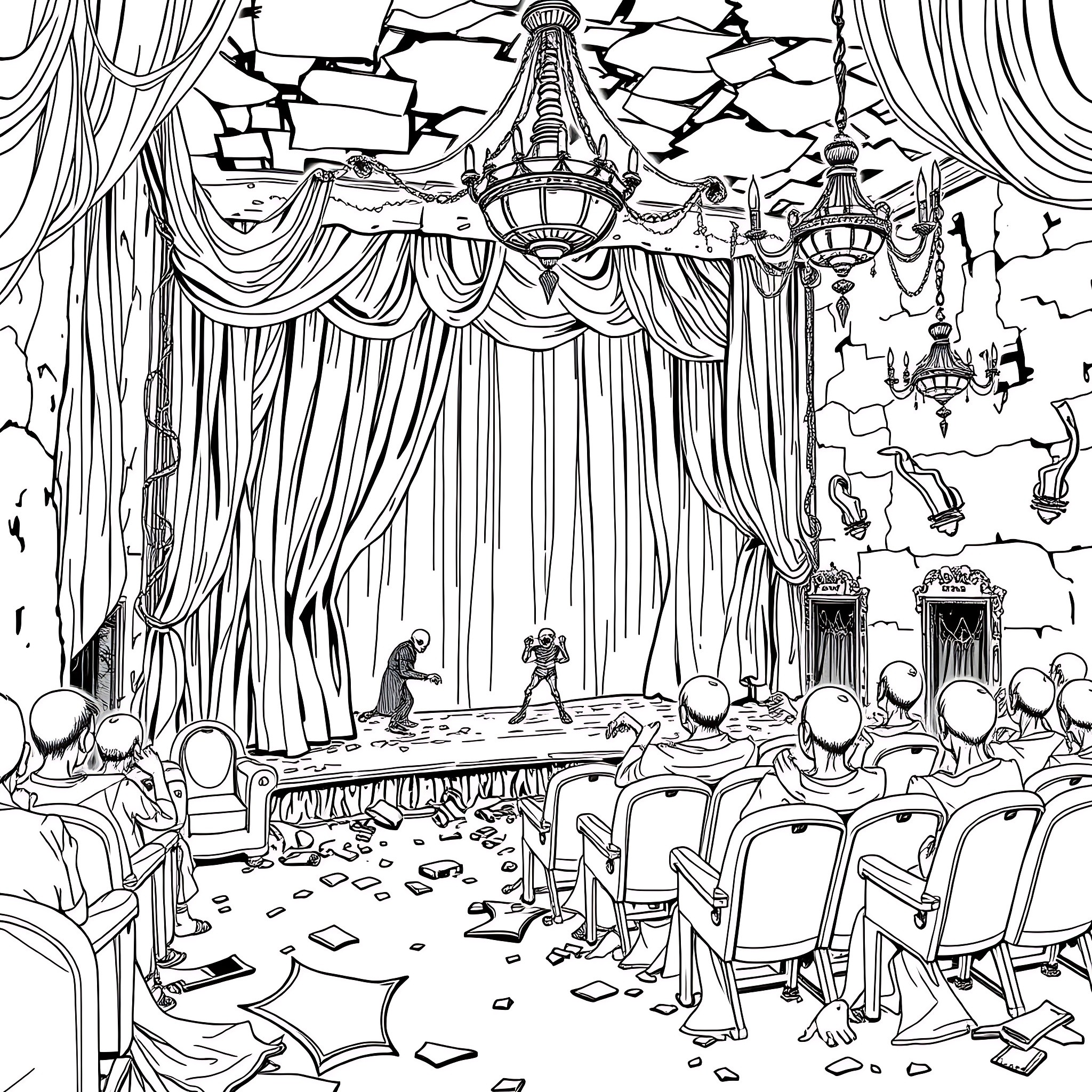 Zombie Performers on Stage in Eerie Theater Coloring Page (free black-and-white line drawing printable PDF for all, from beginners to advanced learners, including children, teens, adults, and seniors)