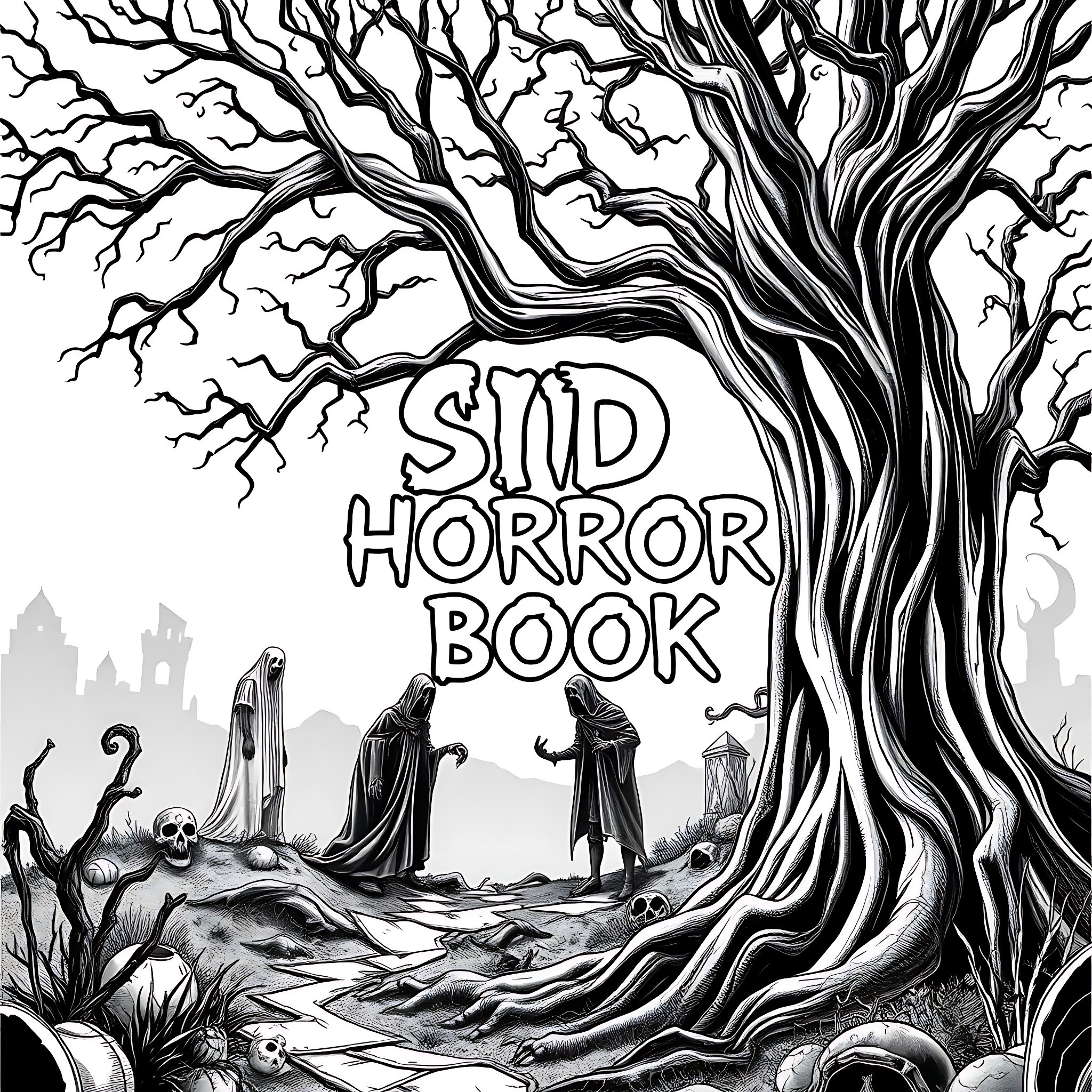 Horror Book with Eerie Imagery and Dark Figures Coloring Page (free black-and-white line drawing printable PDF for all, from beginners to advanced learners, including children, teens, adults, and seniors)