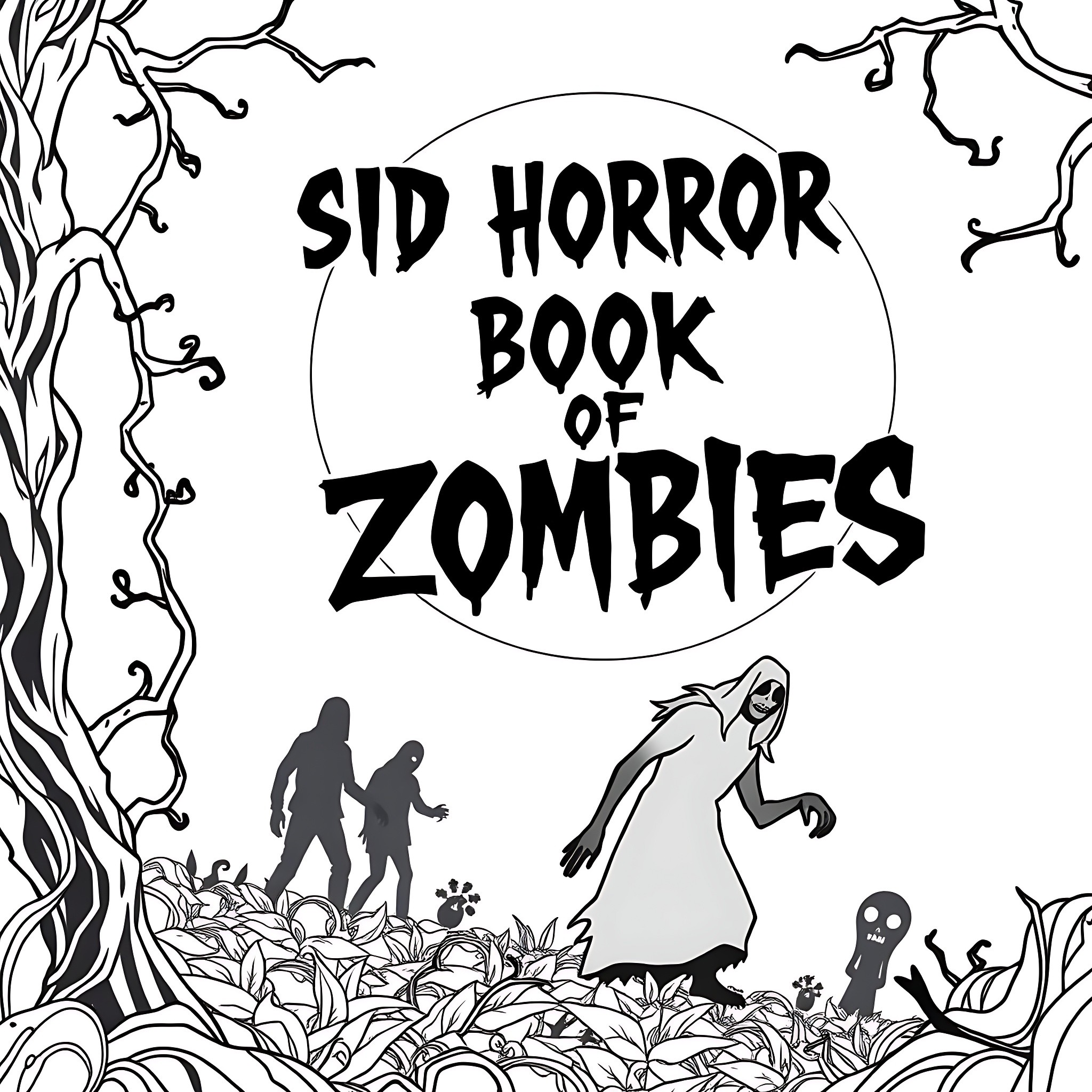 Horror Book of Zombies Coloring Page (free black-and-white line drawing printable PDF for all, from beginners to advanced learners, including children, teens, adults, and seniors)