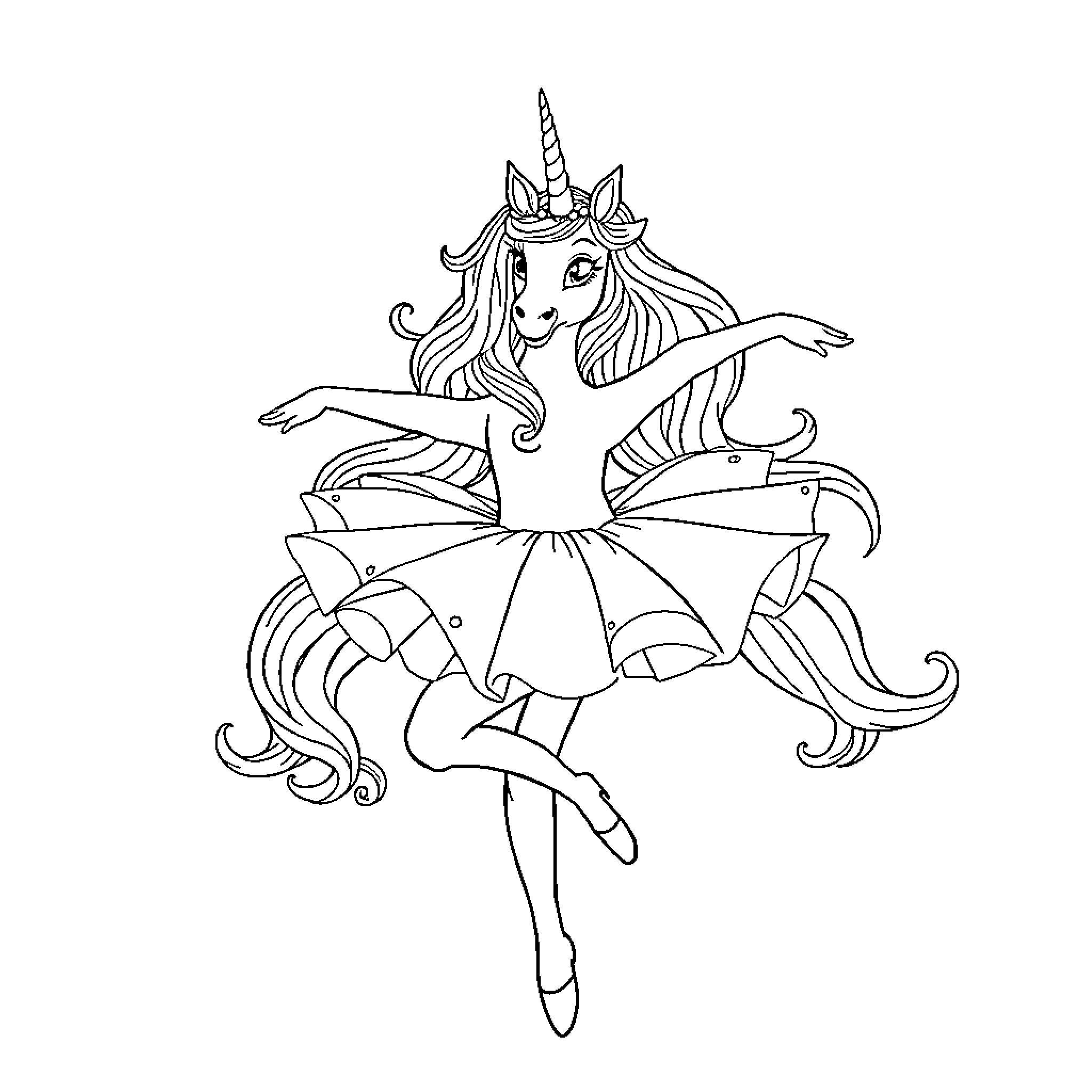 Unicorn ballerina dancing gracefully Coloring Page (free black-and-white line drawing printable PDF for all, from beginners to advanced learners, including children, teens, adults, and seniors)
