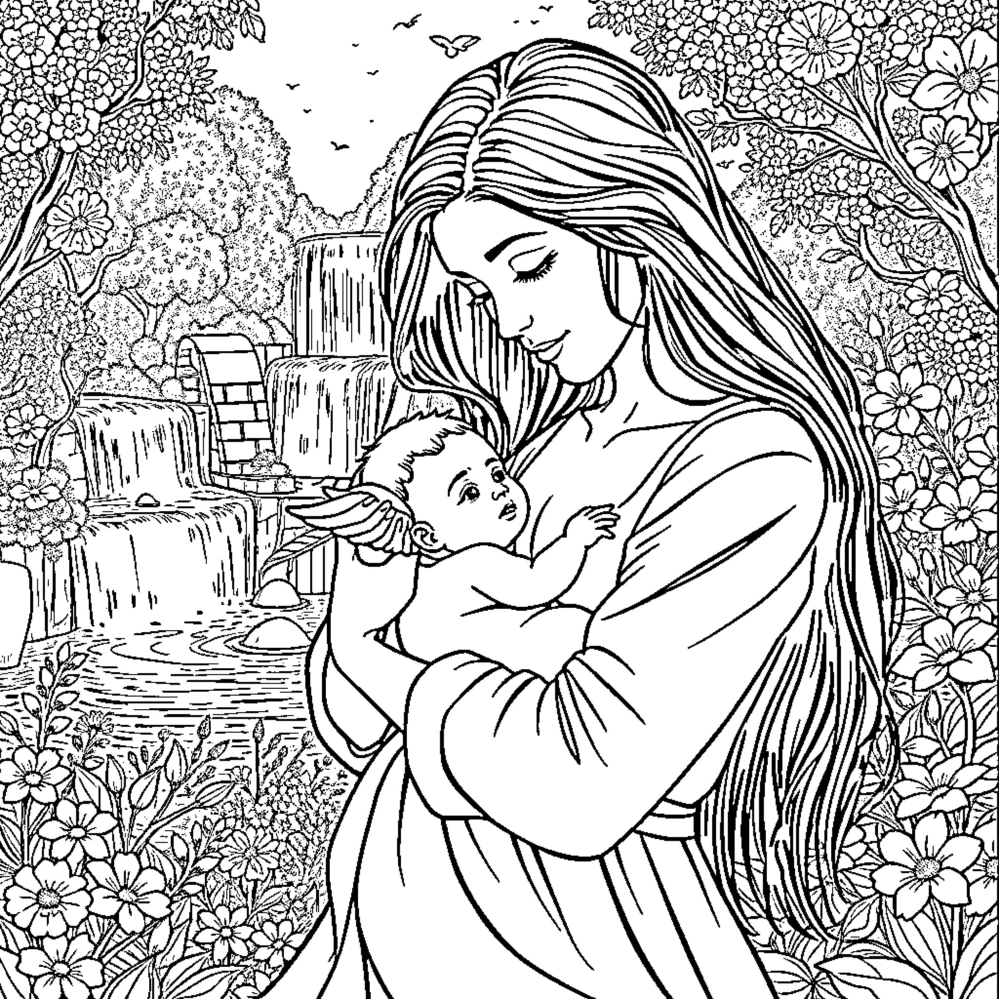 Mujer cariñosa abrazando a un niño en un jardín florido Coloring Page (free black-and-white line drawing printable PDF for all, from beginners to advanced learners, including children, teens, adults, and seniors)