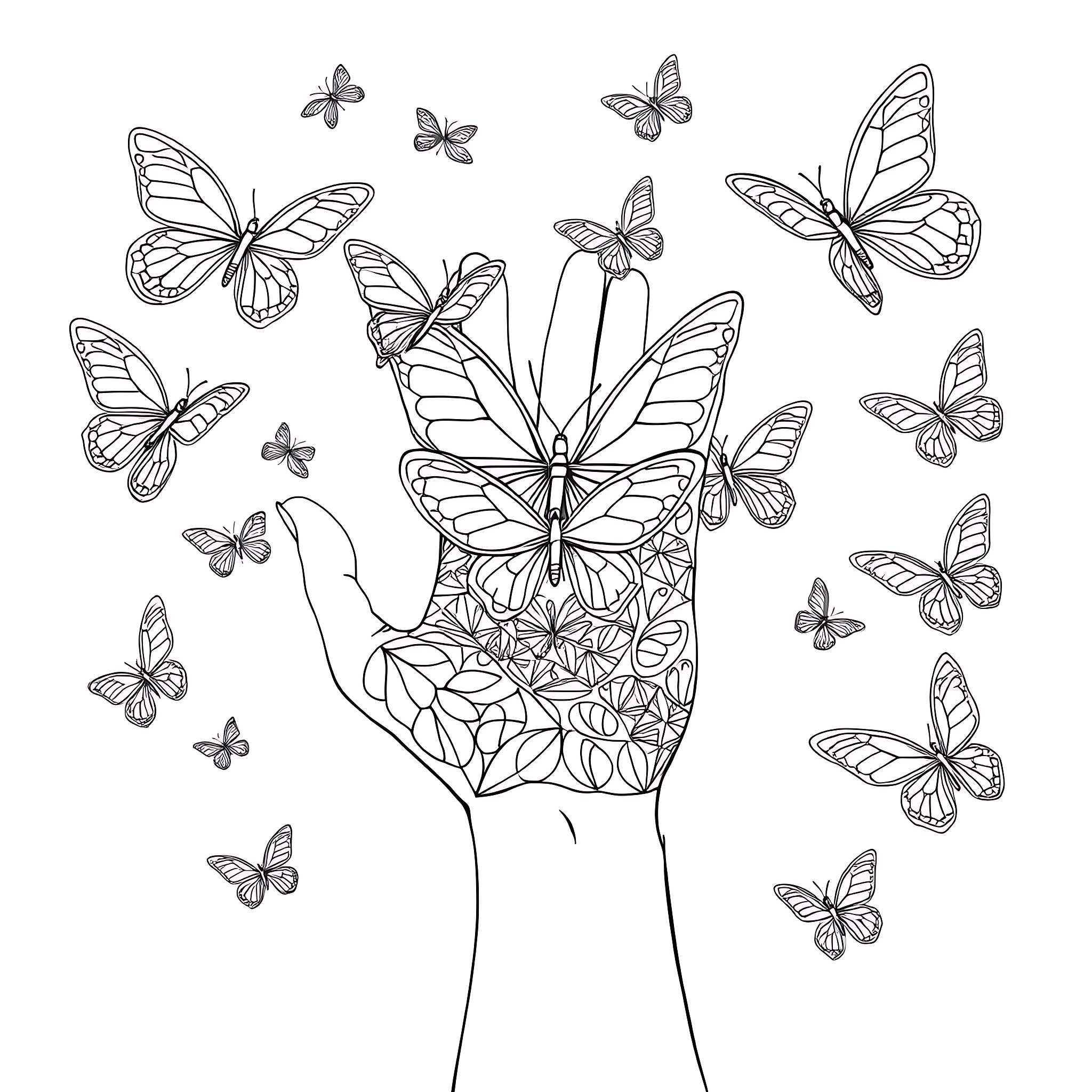 Butterflies emerging from a hand Coloring Page (free black-and-white line drawing printable PDF for all, from beginners to advanced learners, including children, teens, adults, and seniors)
