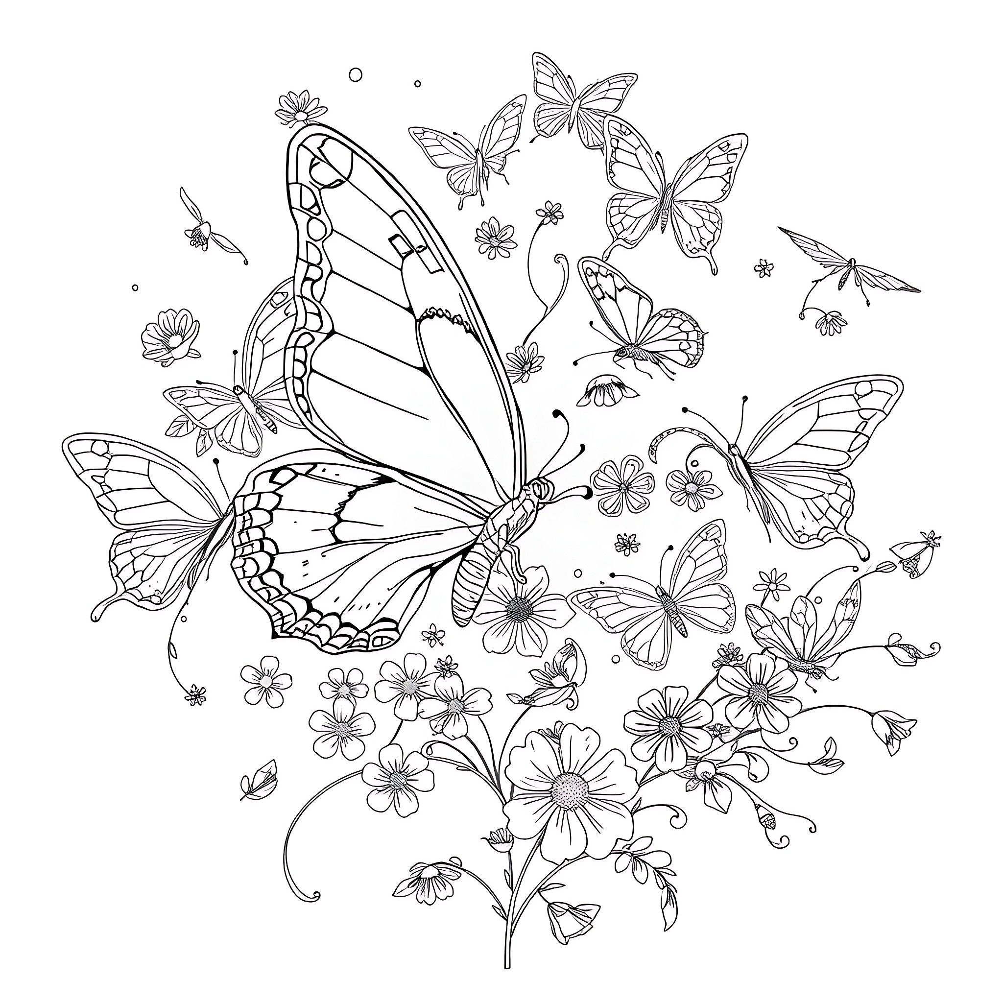 Hand of Butterflies and Flowers Coloring Page (free black-and-white line drawing printable PDF for all, from beginners to advanced learners, including children, teens, adults, and seniors)