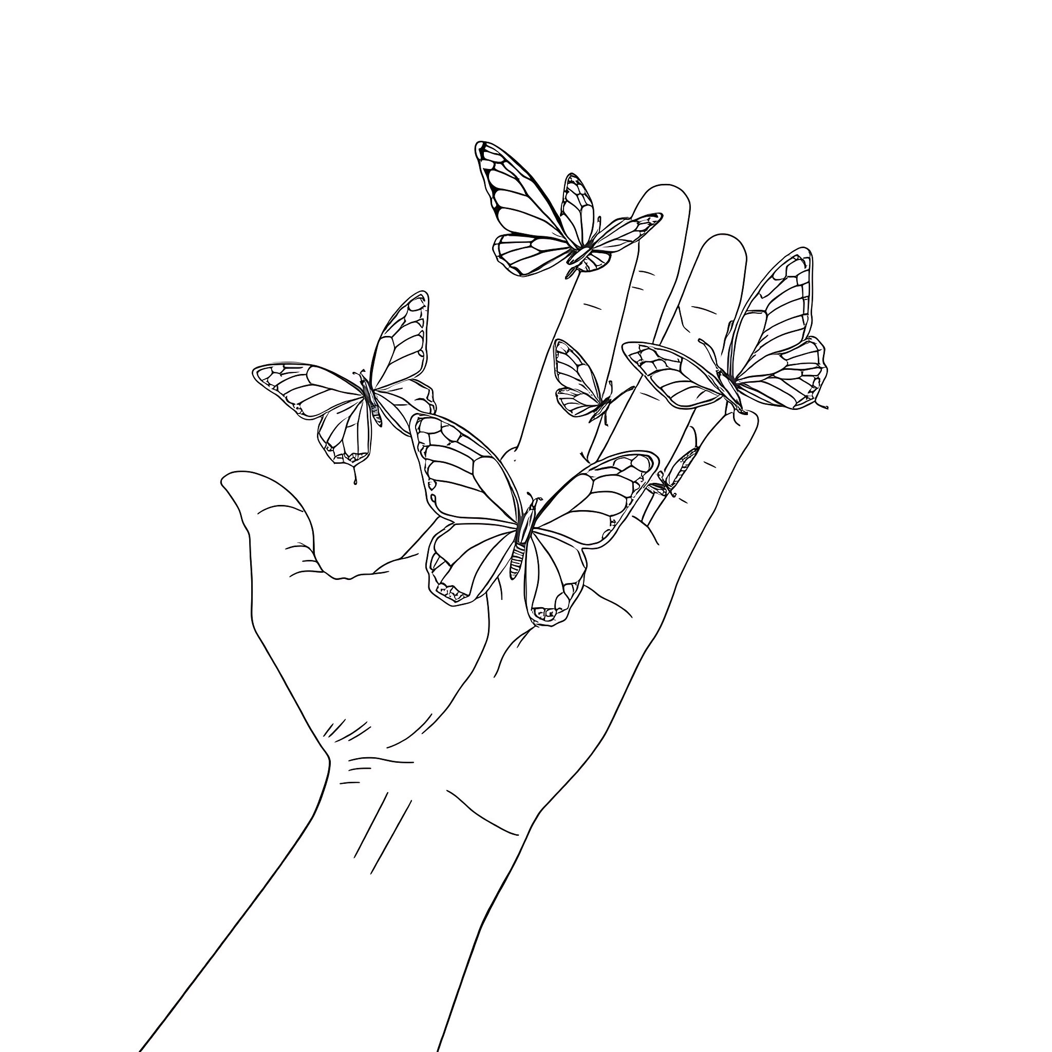 Hand holding delicate butterflies Coloring Page (free black-and-white line drawing printable PDF for all, from beginners to advanced learners, including children, teens, adults, and seniors)
