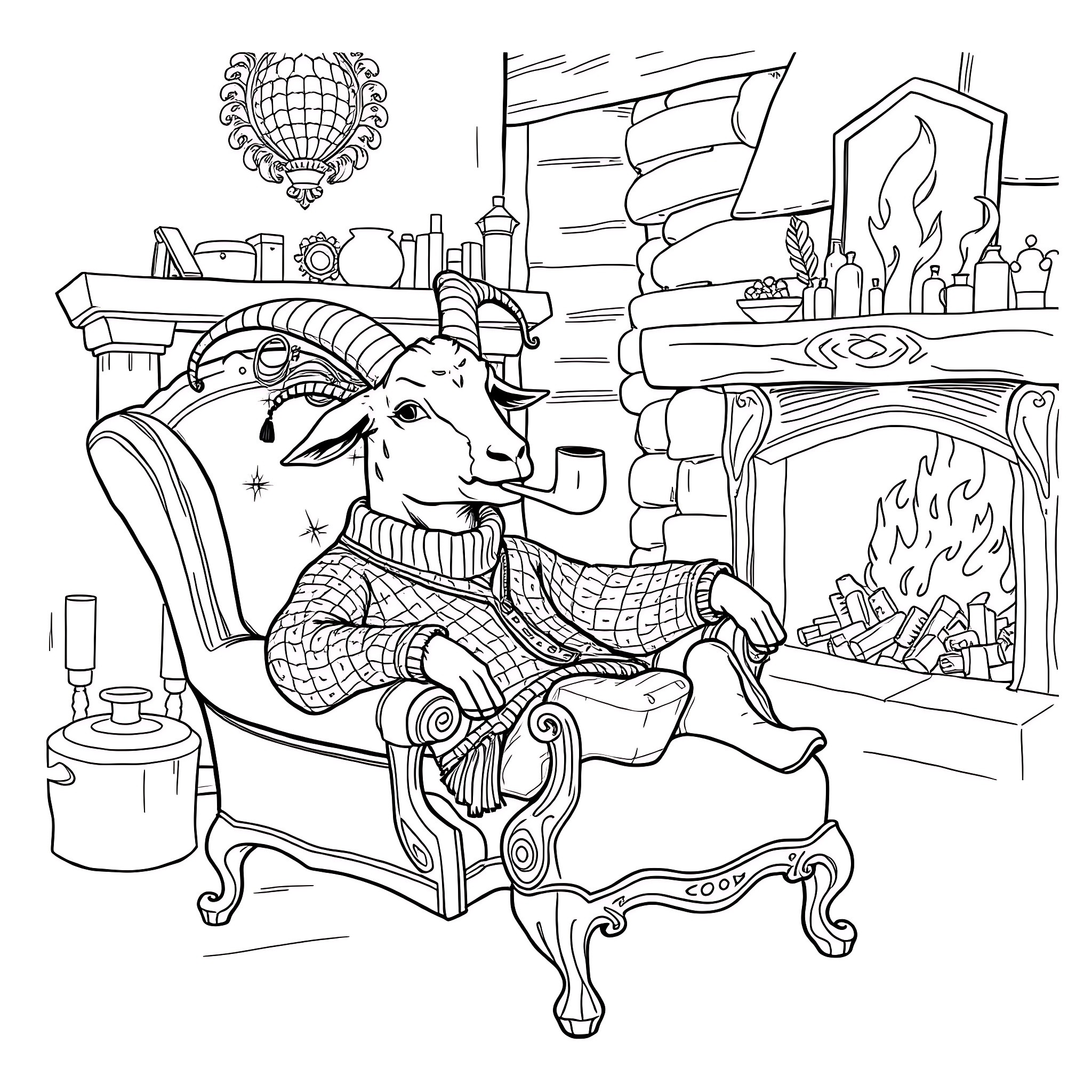 Goat relaxing by the fireplace in a cozy interior Coloring Page (free black-and-white line drawing printable PDF for all, from beginners to advanced learners, including children, teens, adults, and seniors)