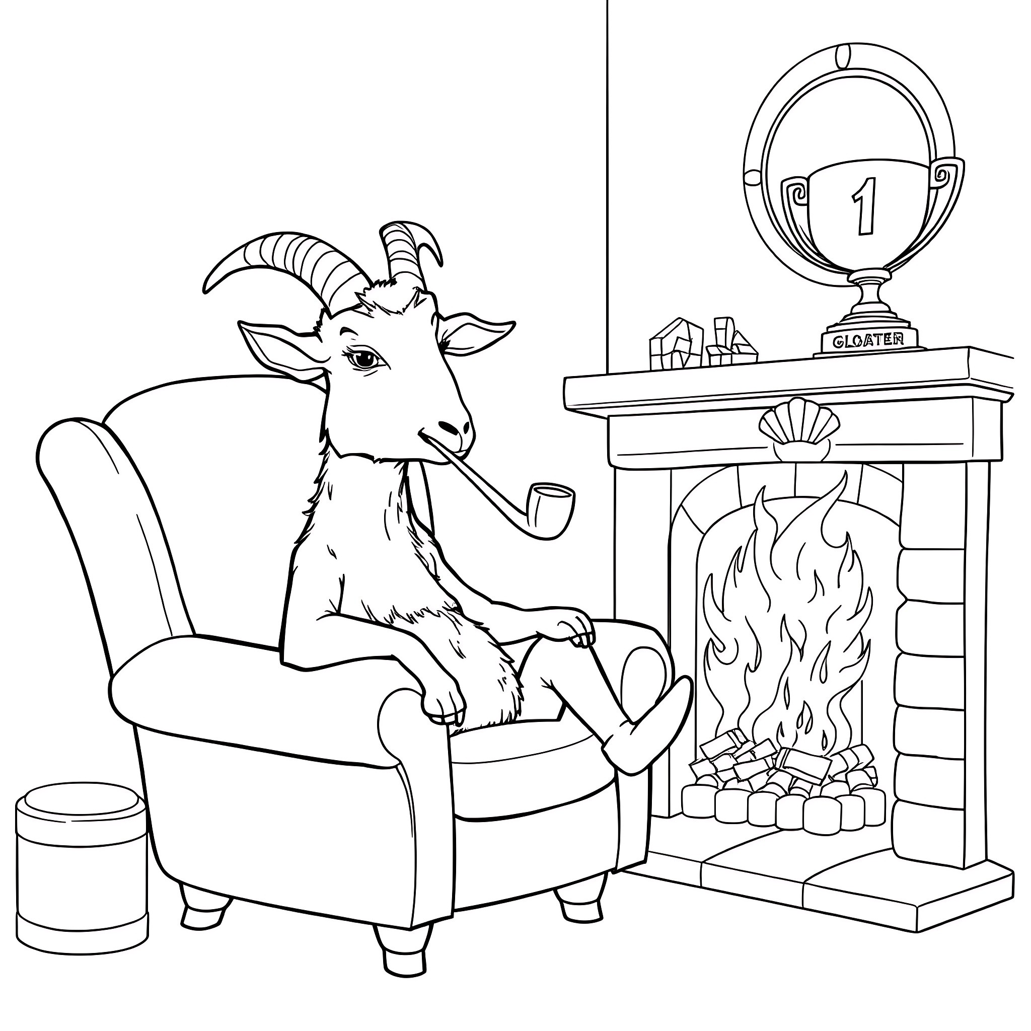 Goat relaxing by the fireplace with a pipe Coloring Page (free black-and-white line drawing printable PDF for all, from beginners to advanced learners, including children, teens, adults, and seniors)