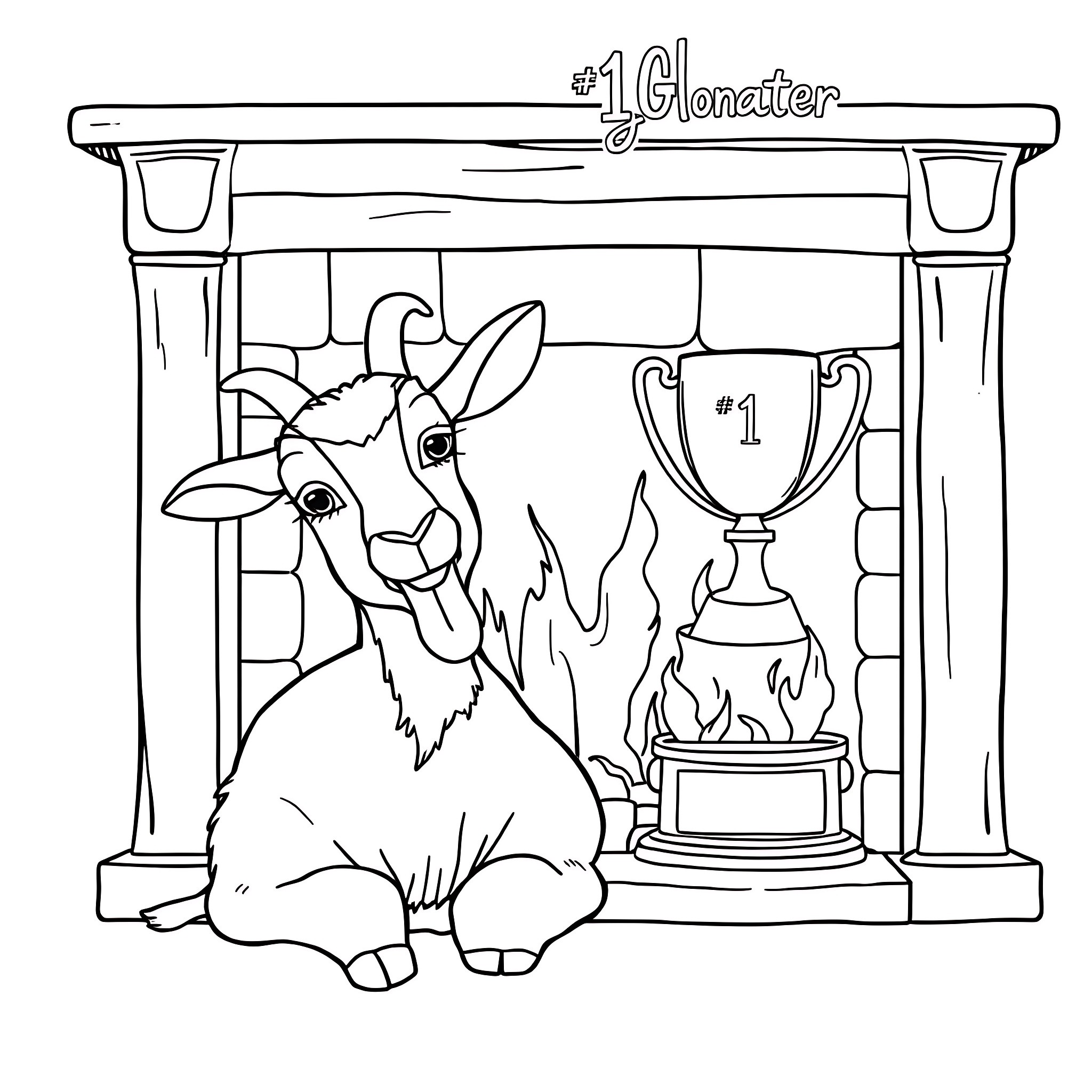 Goat with trophy in a winner's podium Coloring Page (free black-and-white line drawing printable PDF for all, from beginners to advanced learners, including children, teens, adults, and seniors)