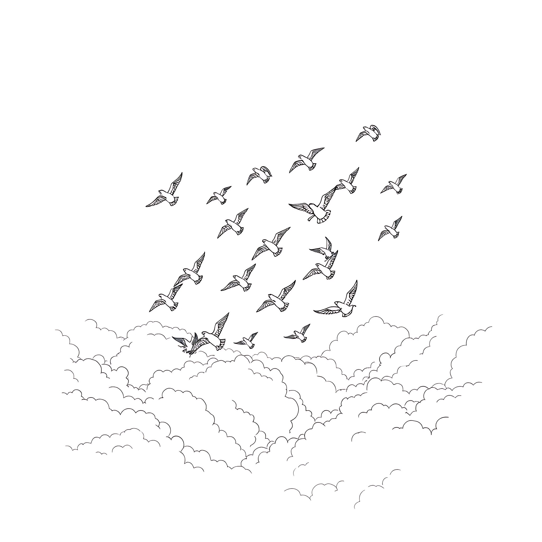 Birds soaring through cloudy skies Coloring Page (free black-and-white line drawing printable PDF for all, from beginners to advanced learners, including children, teens, adults, and seniors)