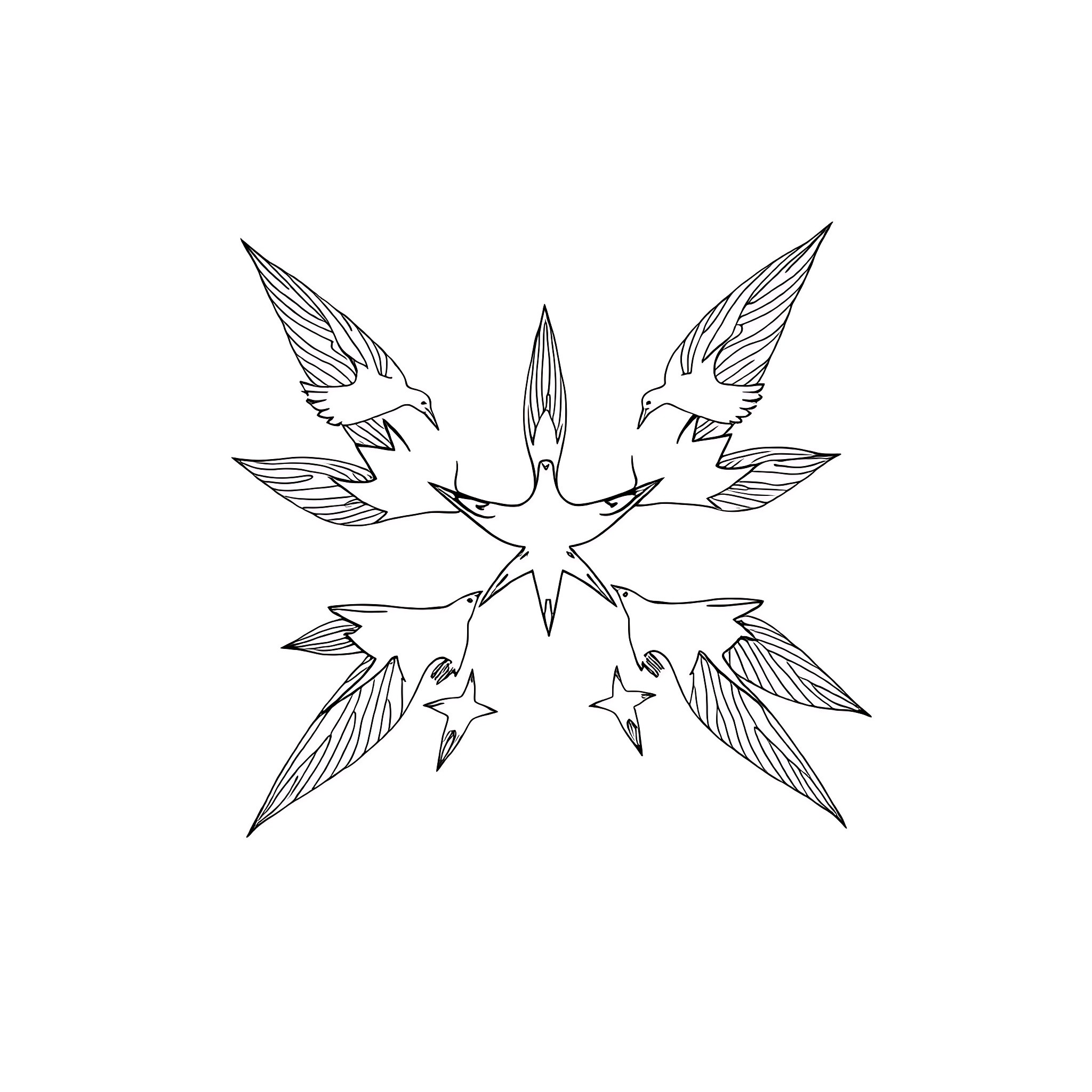 Bird-like creatures forming an abstract pattern Coloring Page (free black-and-white line drawing printable PDF for all, from beginners to advanced learners, including children, teens, adults, and seniors)
