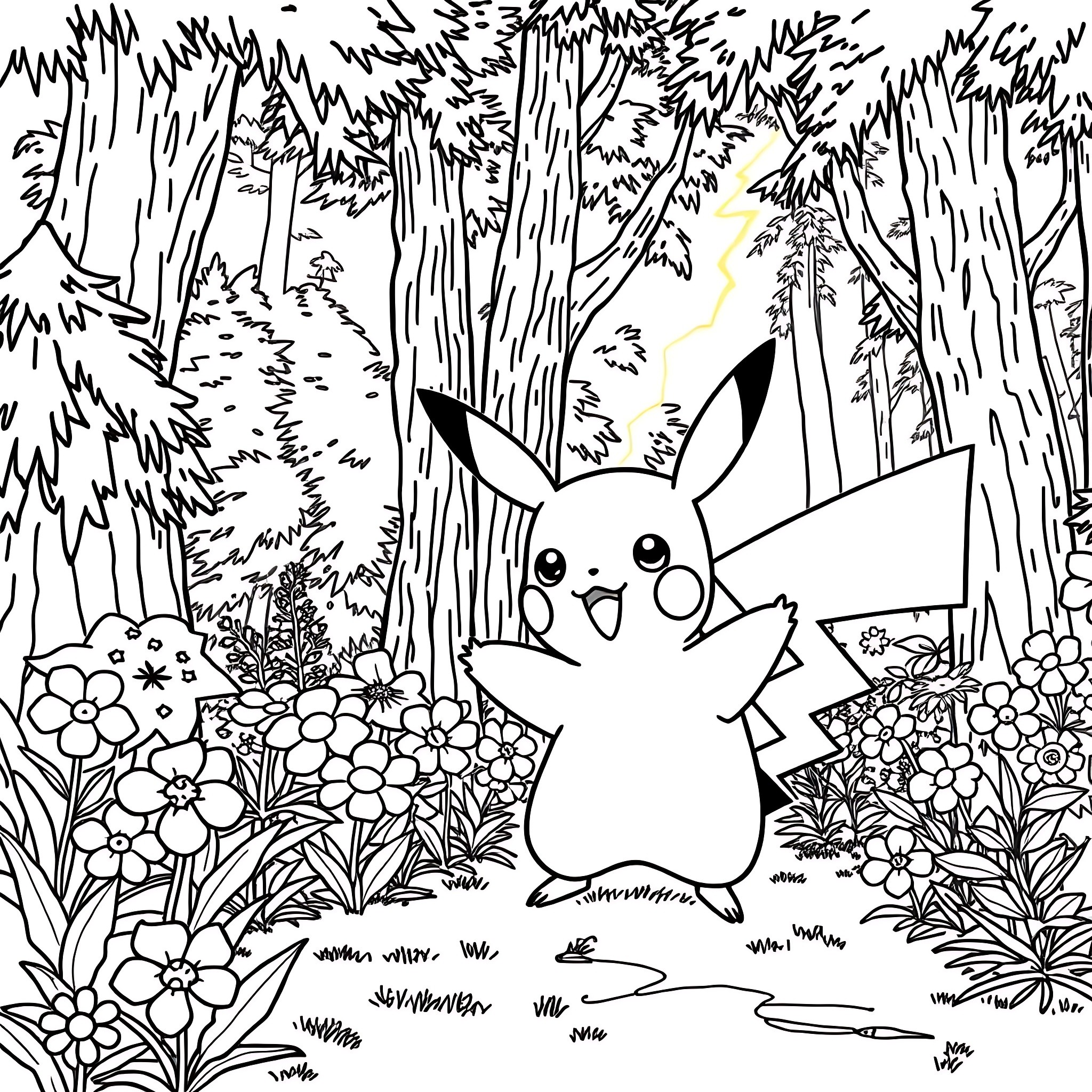 Pikachu playing cheerfully in a whimsical forest setting Coloring Page (free black-and-white line drawing printable PDF for all, from beginners to advanced learners, including children, teens, adults, and seniors)