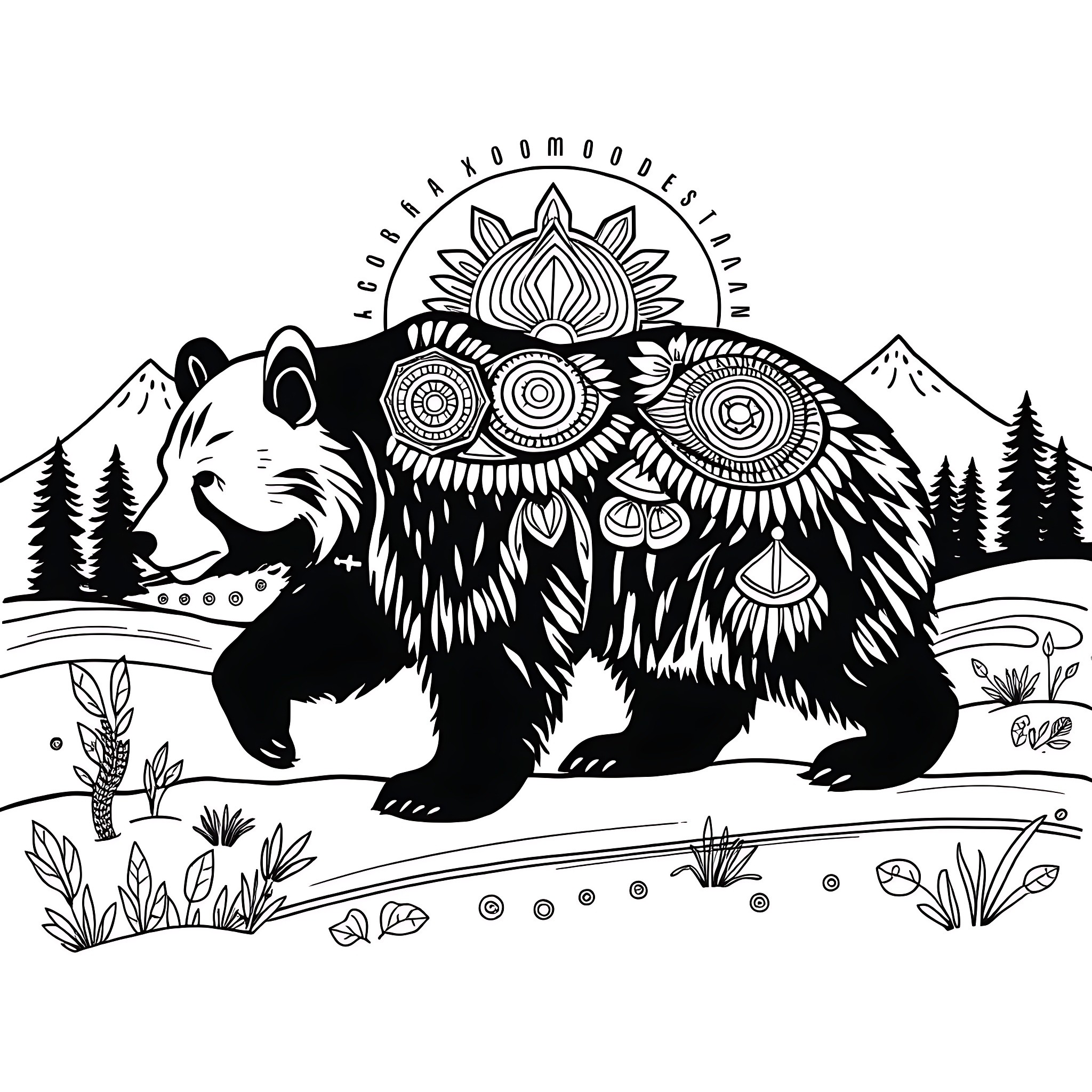 Bear with intricate floral mandala patterns in nature Coloring Page (free black-and-white line drawing printable PDF for all, from beginners to advanced learners, including children, teens, adults, and seniors)