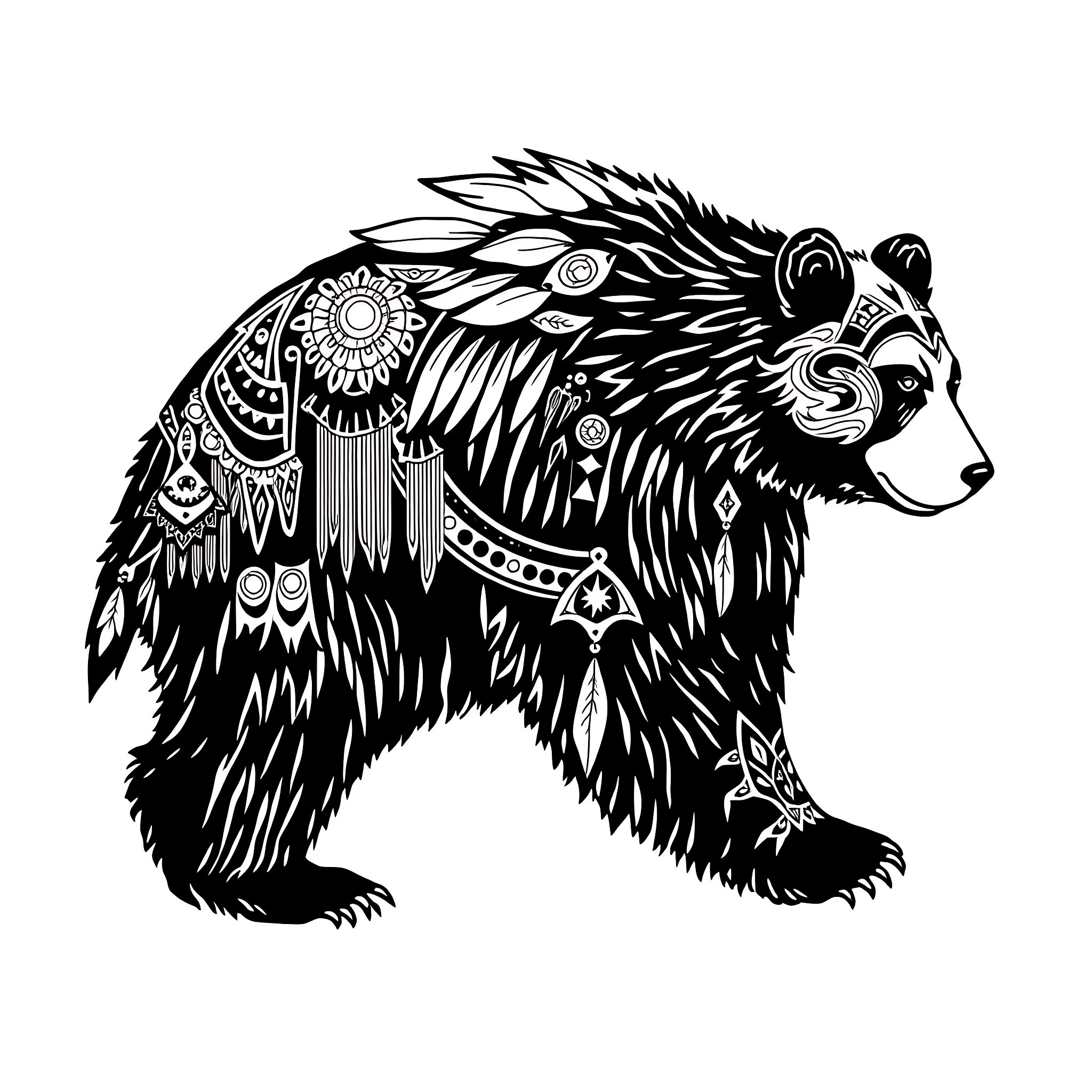 Bear with ornate tribal patterns Coloring Page (free black-and-white line drawing printable PDF for all, from beginners to advanced learners, including children, teens, adults, and seniors)