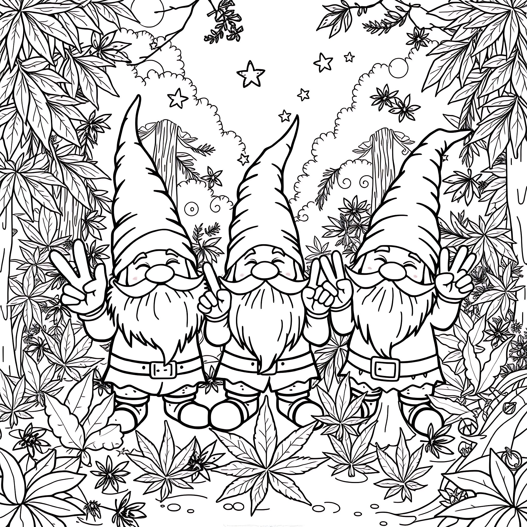 Gnome Trio in Magical Forest Coloring Page (free black-and-white line drawing printable PDF for all, from beginners to advanced learners, including children, teens, adults, and seniors)
