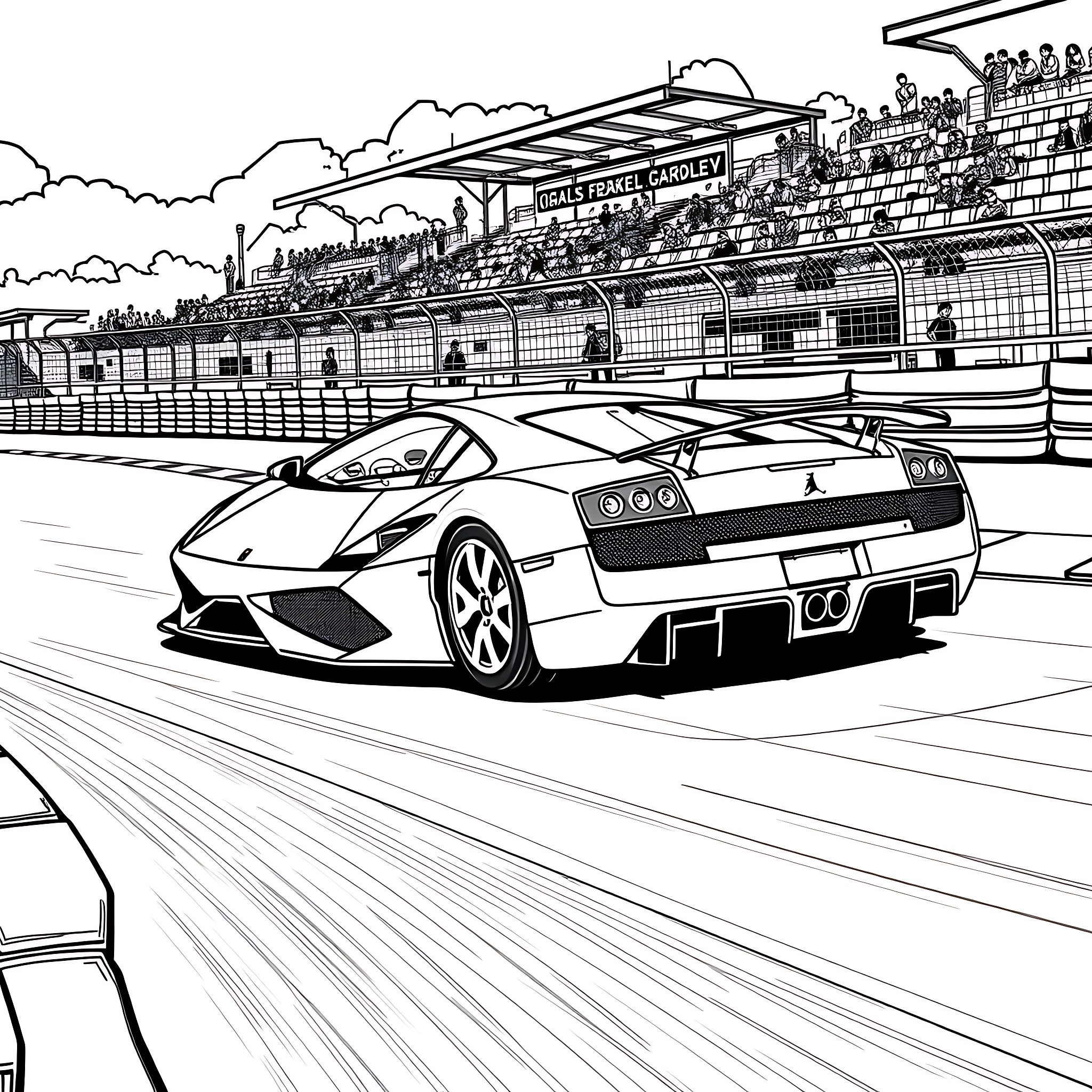 Gallardo racing at the circuit with spectators Coloring Page (free black-and-white line drawing printable PDF for all, from beginners to advanced learners, including children, teens, adults, and seniors)