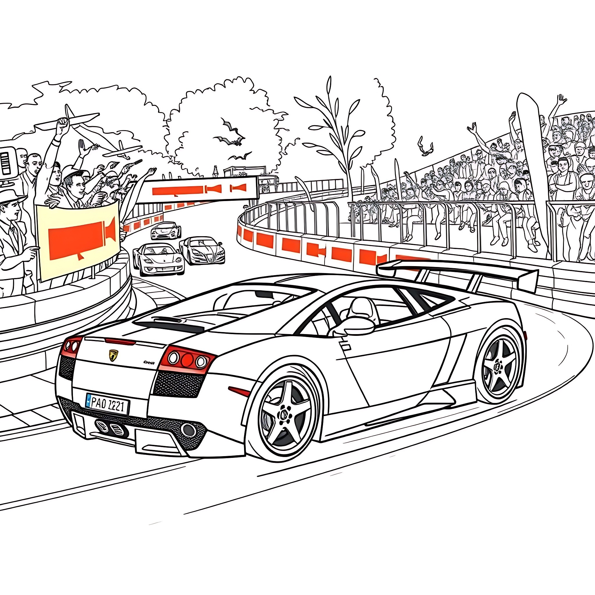 Gallardo racing on the circuit with crowd Coloring Page (free black-and-white line drawing printable PDF for all, from beginners to advanced learners, including children, teens, adults, and seniors)