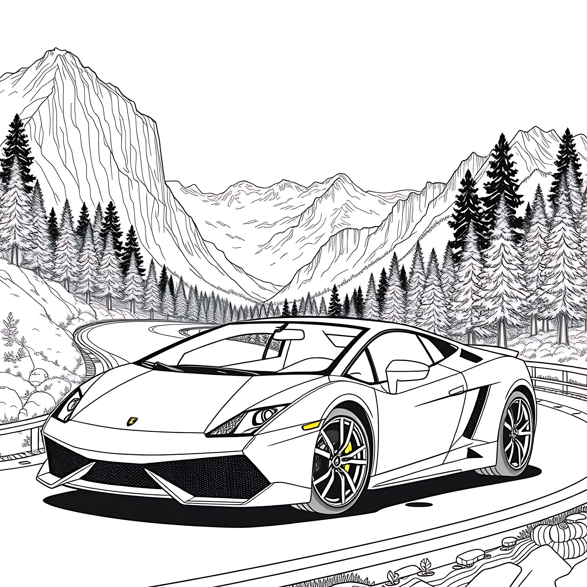 Gallardo Supercar Driving Through Mountainous Landscape Coloring Page (free black-and-white line drawing printable PDF for all, from beginners to advanced learners, including children, teens, adults, and seniors)
