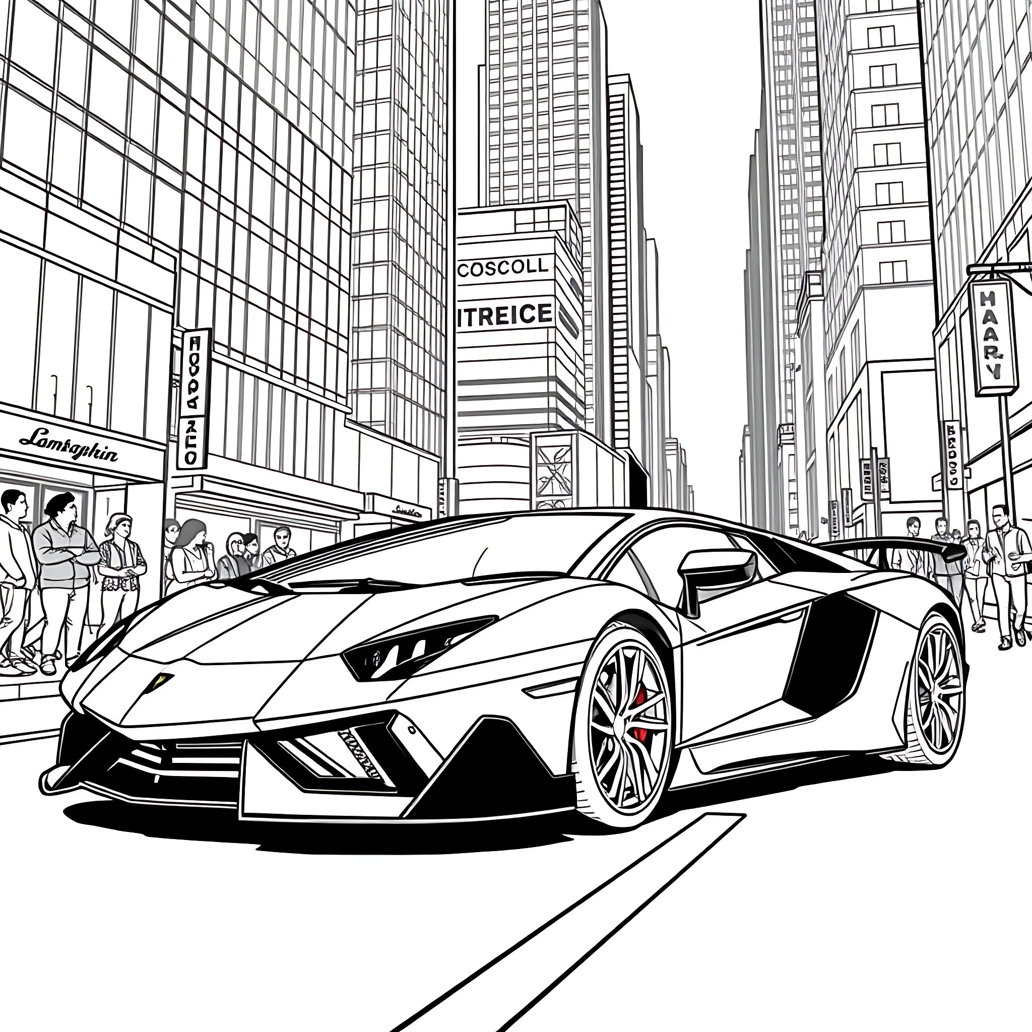 Lamborghini supercar in bustling city street Coloring Page (free black-and-white line drawing printable PDF for all, from beginners to advanced learners, including children, teens, adults, and seniors)
