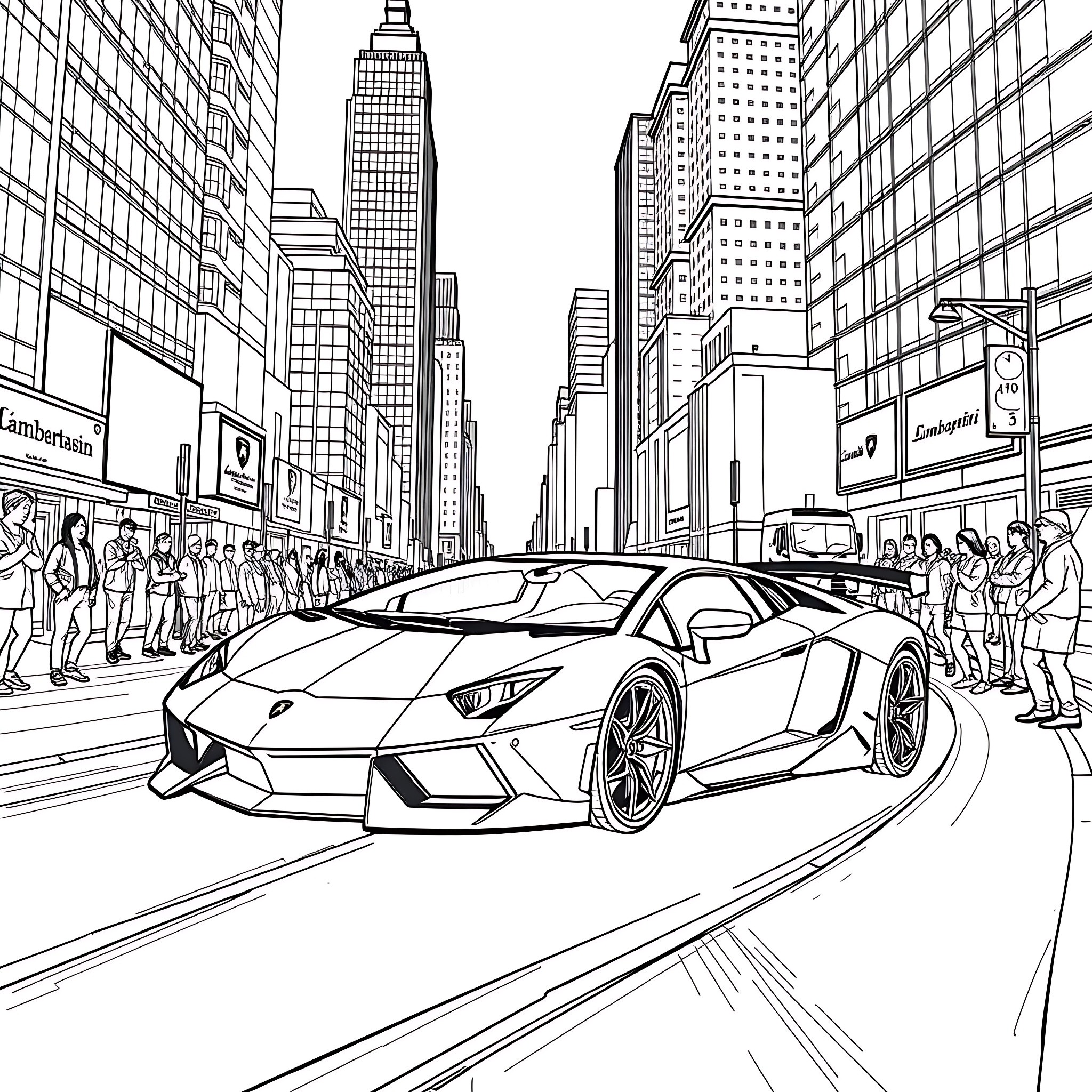 Lamborghini speeding through the bustling city streets Coloring Page (free black-and-white line drawing printable PDF for all, from beginners to advanced learners, including children, teens, adults, and seniors)