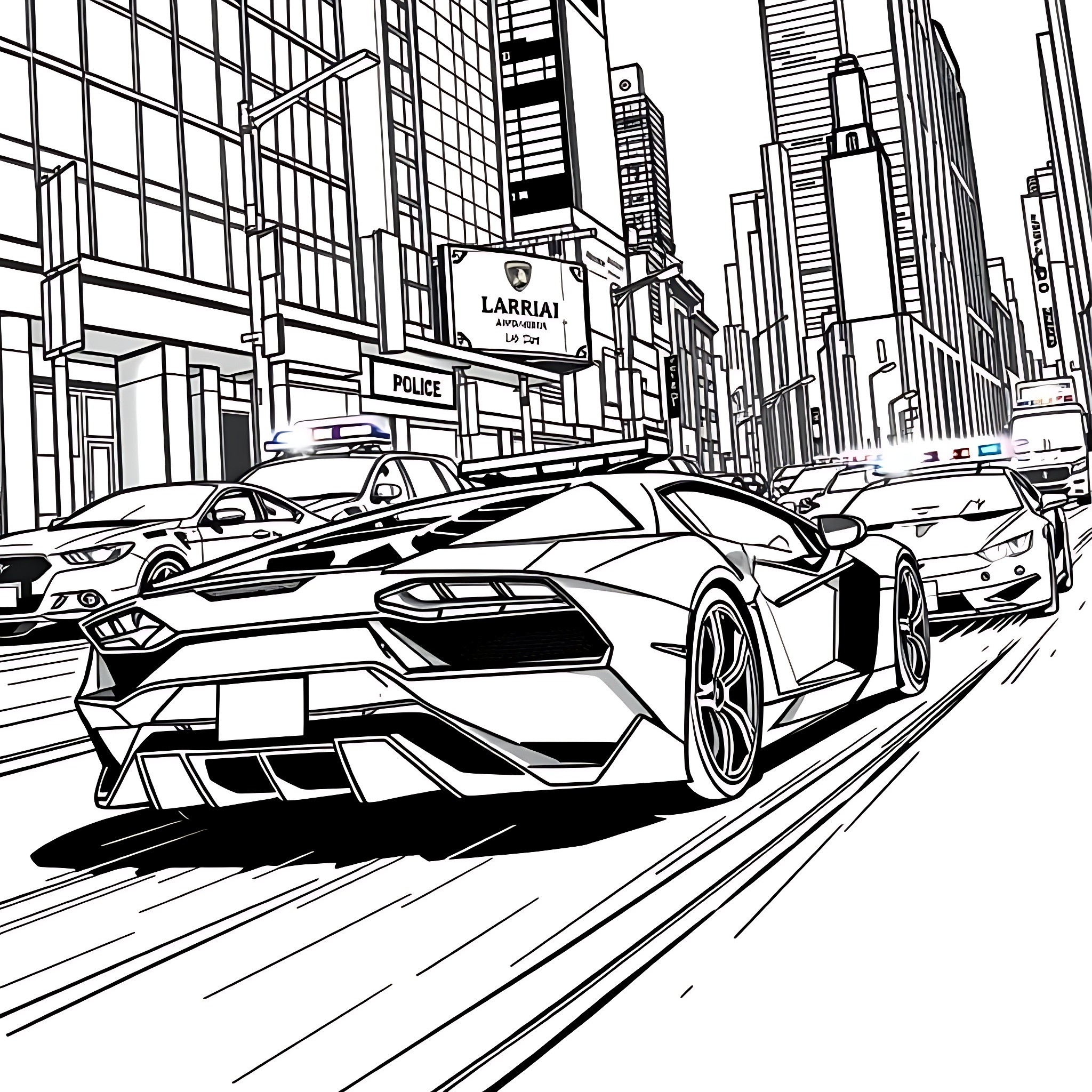 Lamborghini speeding through the city streets Coloring Page (free black-and-white line drawing printable PDF for all, from beginners to advanced learners, including children, teens, adults, and seniors)