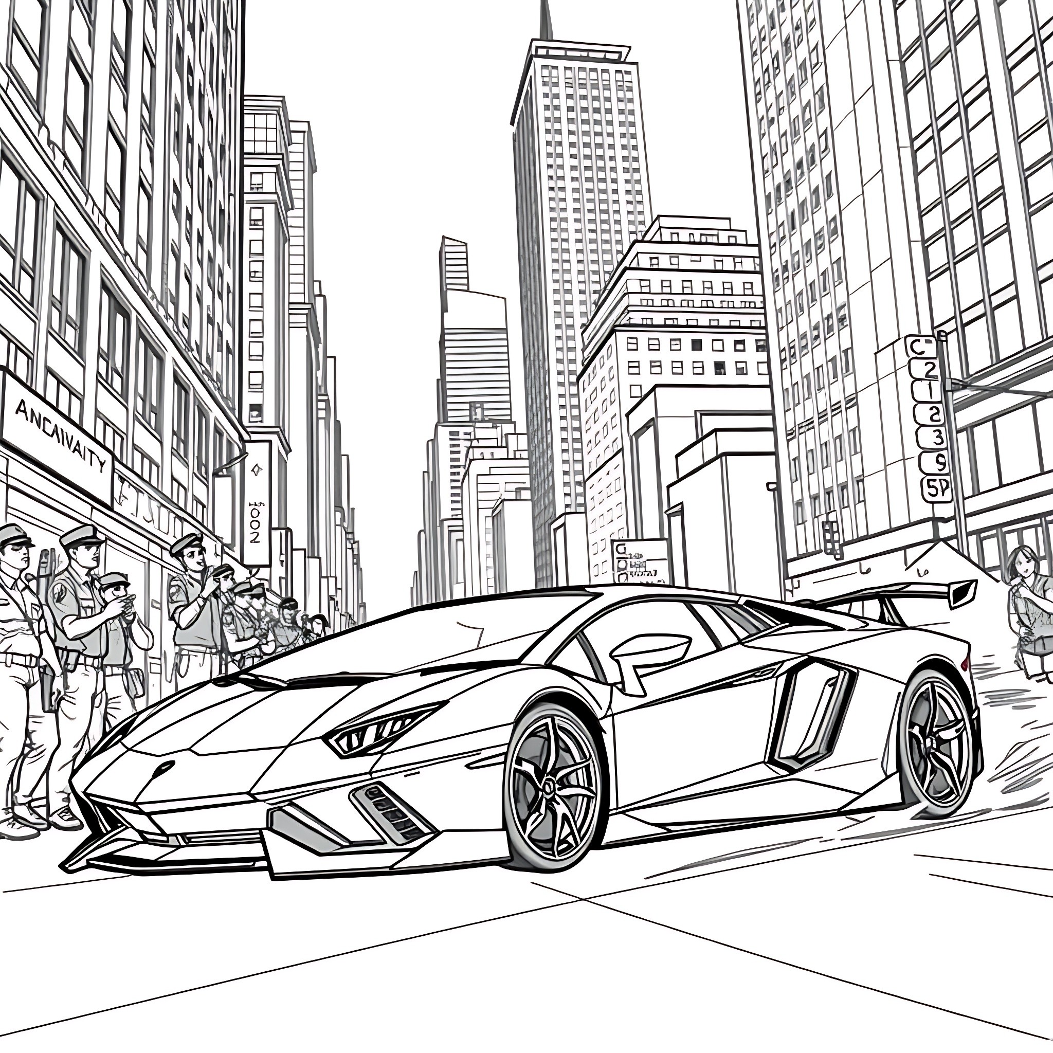 Lamborghini in the bustling city streets Coloring Page (free black-and-white line drawing printable PDF for all, from beginners to advanced learners, including children, teens, adults, and seniors)