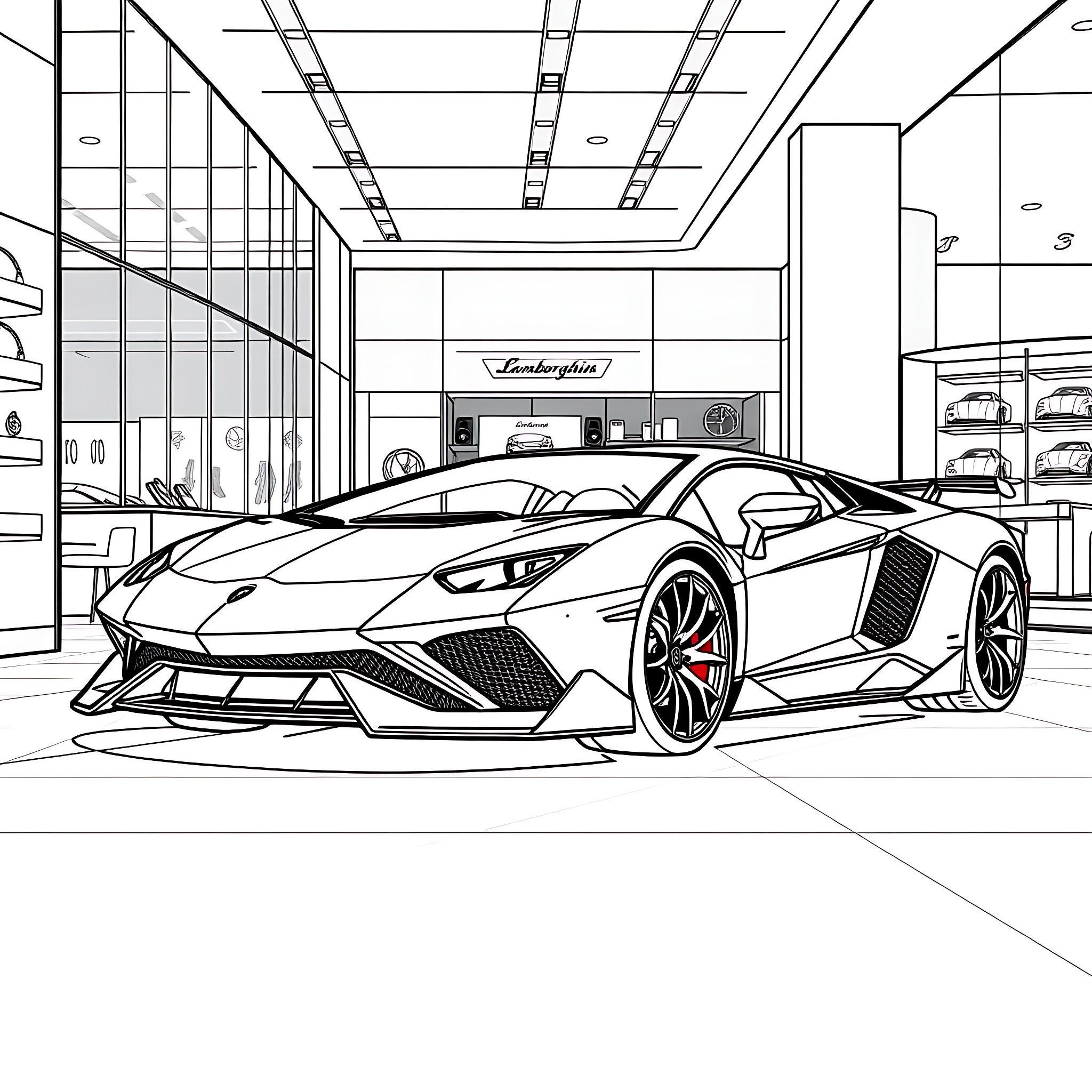 Lamborghini sports car in showroom Coloring Page (free black-and-white line drawing printable PDF for all, from beginners to advanced learners, including children, teens, adults, and seniors)